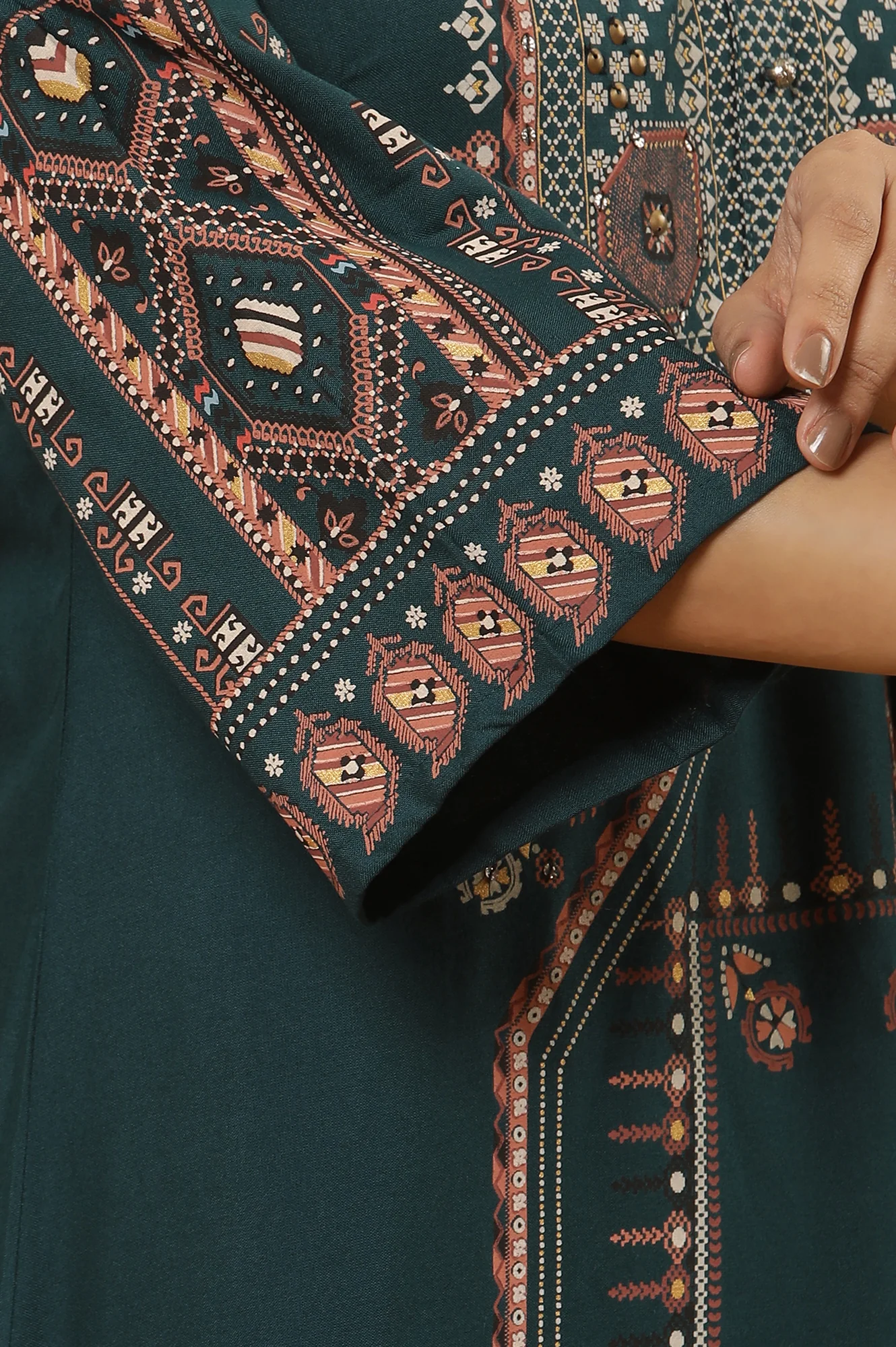 Green Printed Flared Kurta And Tights Set - Image 7
