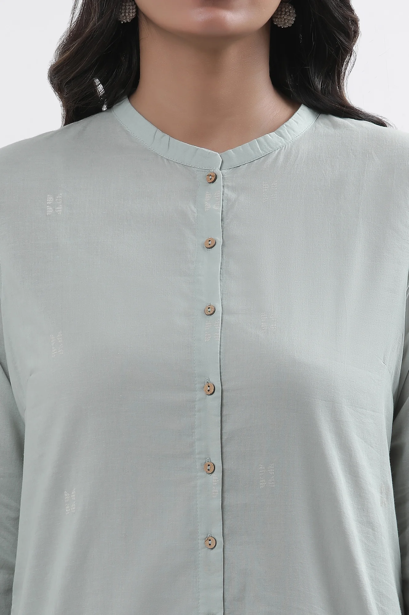 Green Printed Mandarin Collar Kurta And Pants Set - Image 6