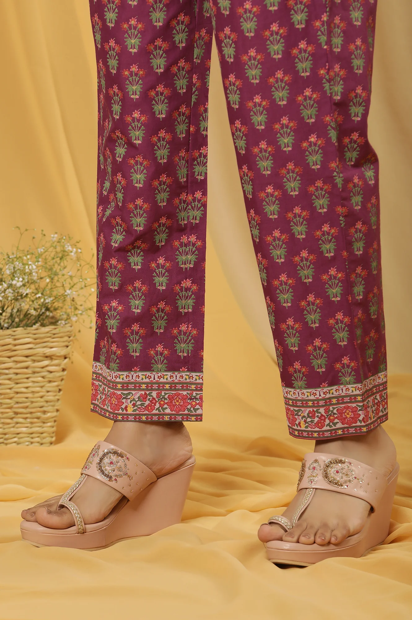 Green Printed Straight Kurta And Purple Pants Set - Image 9