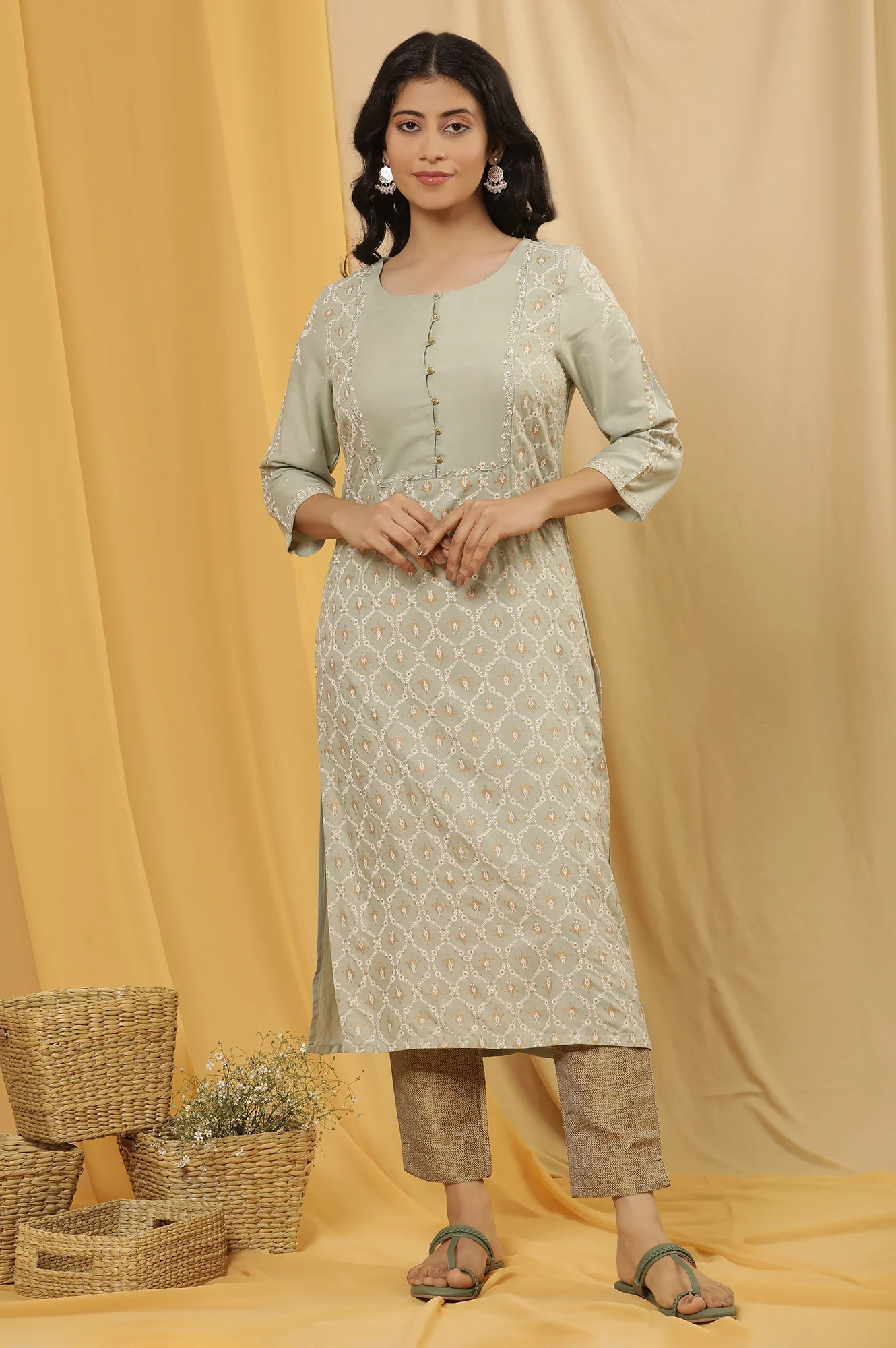 Green Printed Summer Kurta And Golden Pants - Image 2