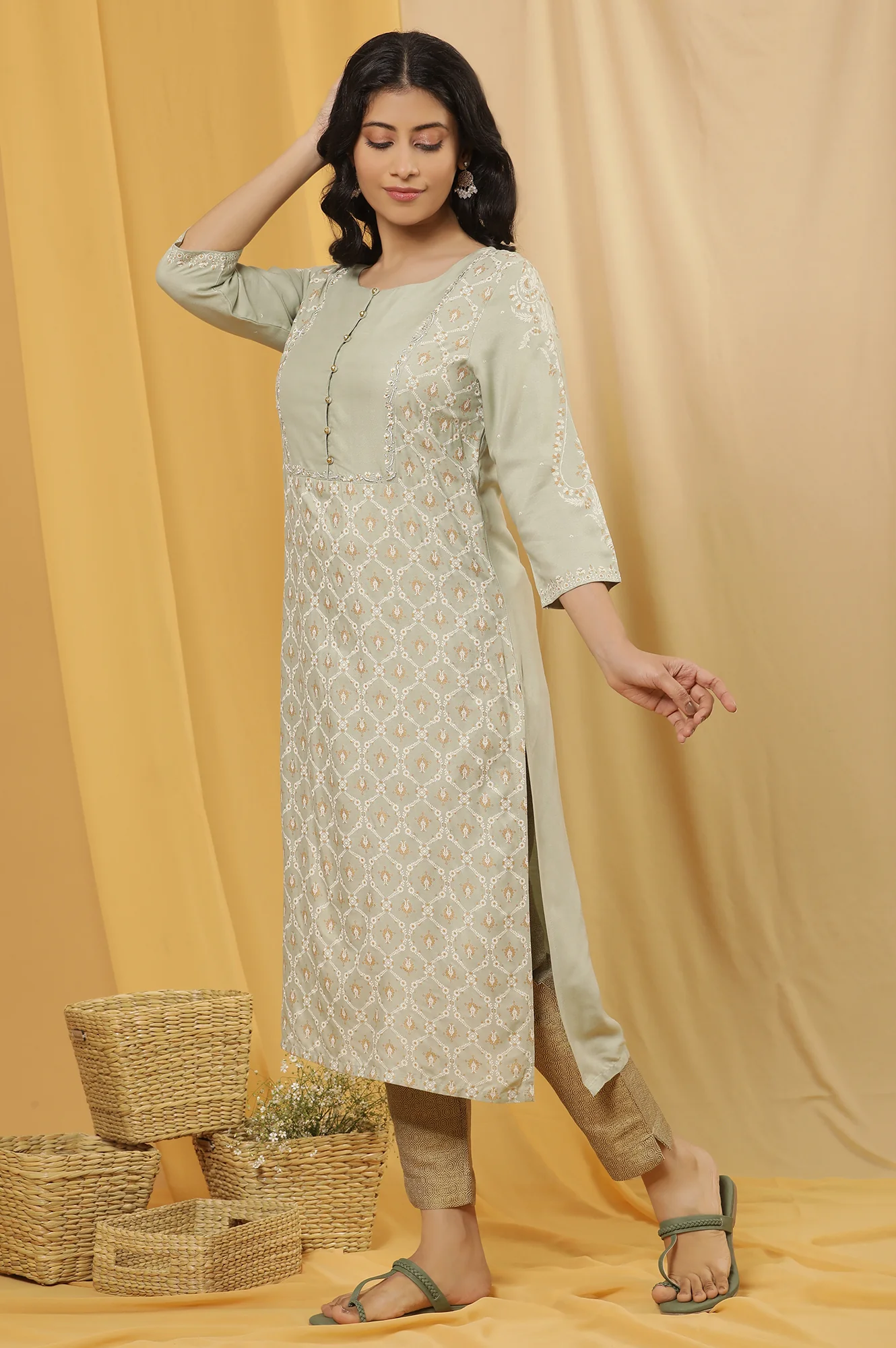 Green Printed Summer Kurta And Golden Pants - Image 3