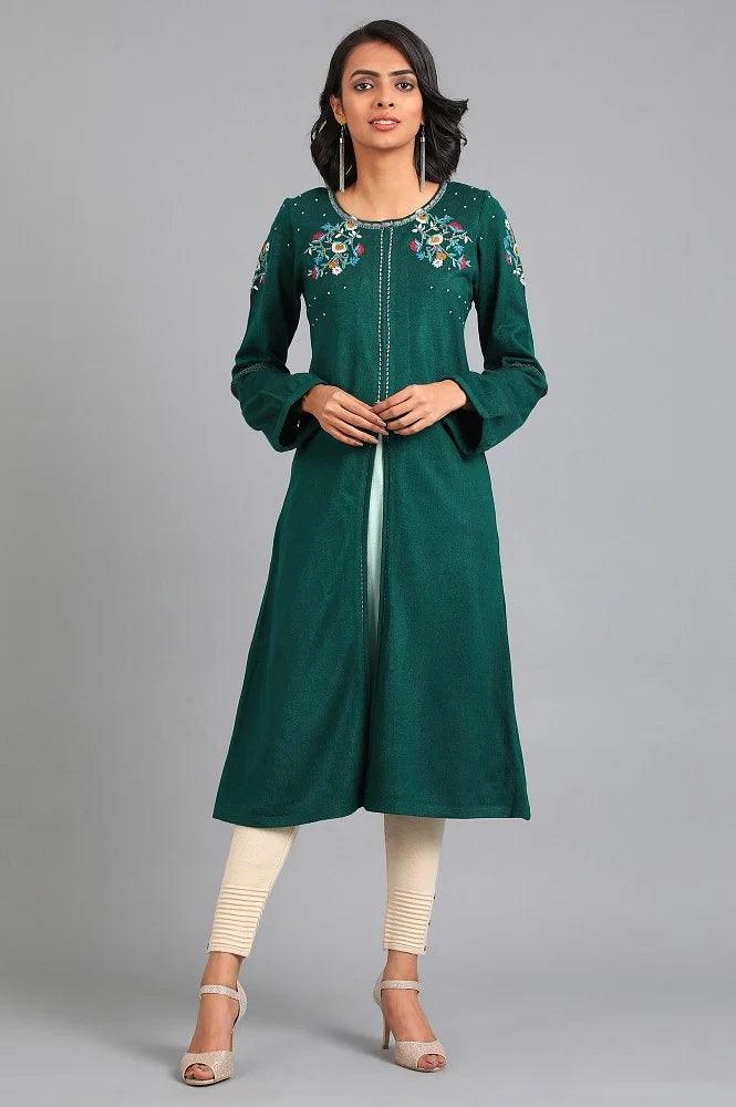 Green Round Neck Winter kurta - Image 2