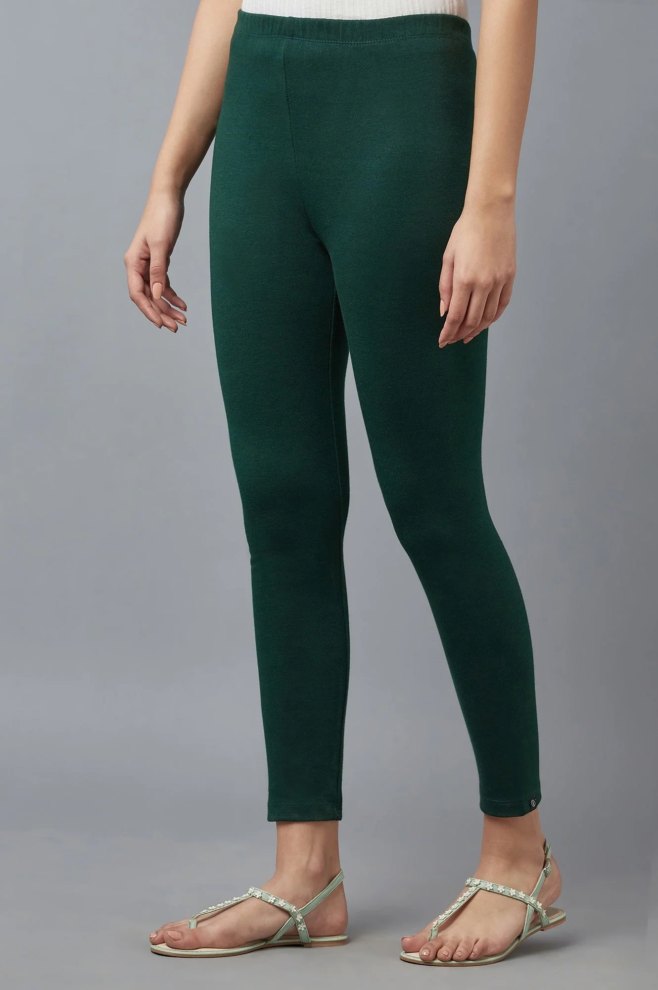 Green Solid Skinny Fit Cotton Tights With Elasticated Waistband - Image 3