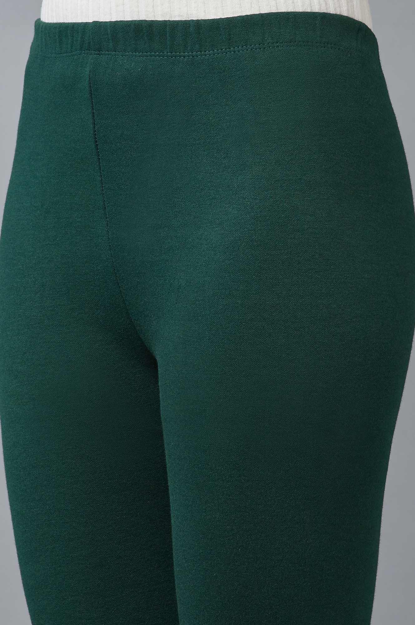 Green Solid Skinny Fit Cotton Tights With Elasticated Waistband - Image 6
