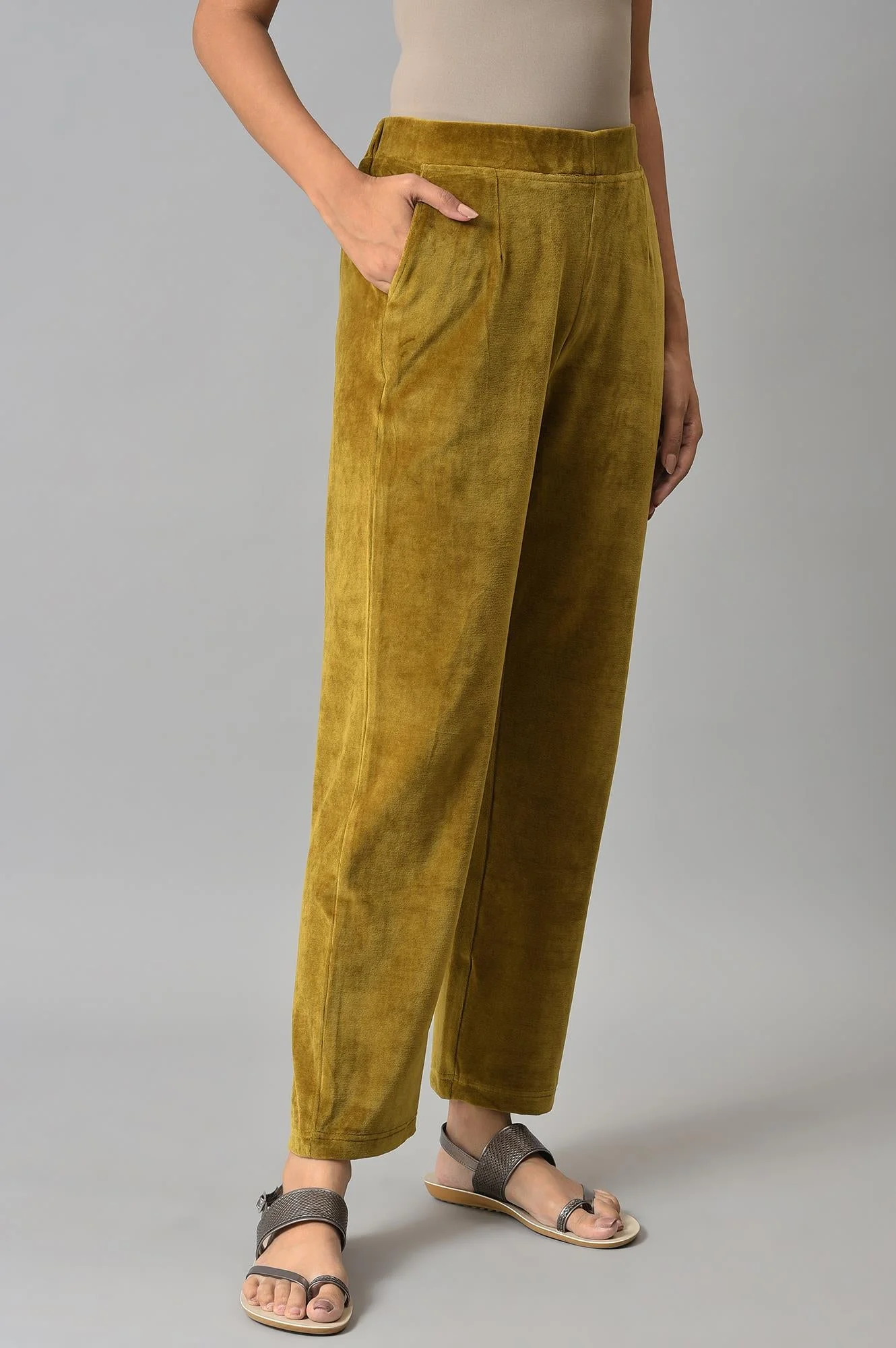Muted Sage Green Solid Straight Fit Cotton Trousers With Elasticated Waist - Image 4