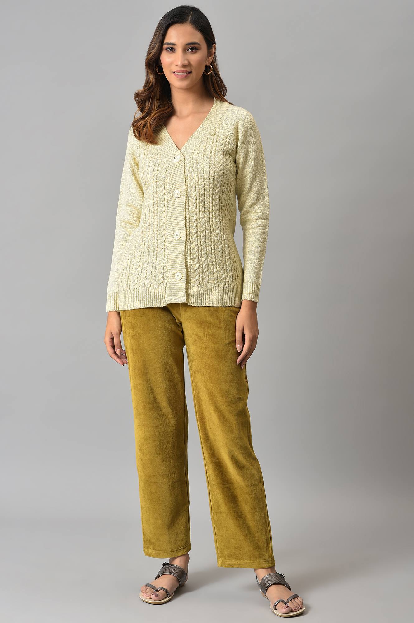 Muted Sage Green Solid Straight Fit Cotton Trousers With Elasticated Waist - Image 5