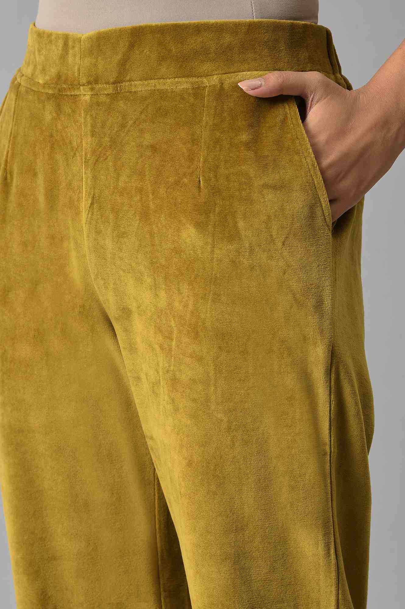 Muted Sage Green Solid Straight Fit Cotton Trousers With Elasticated Waist - Image 7