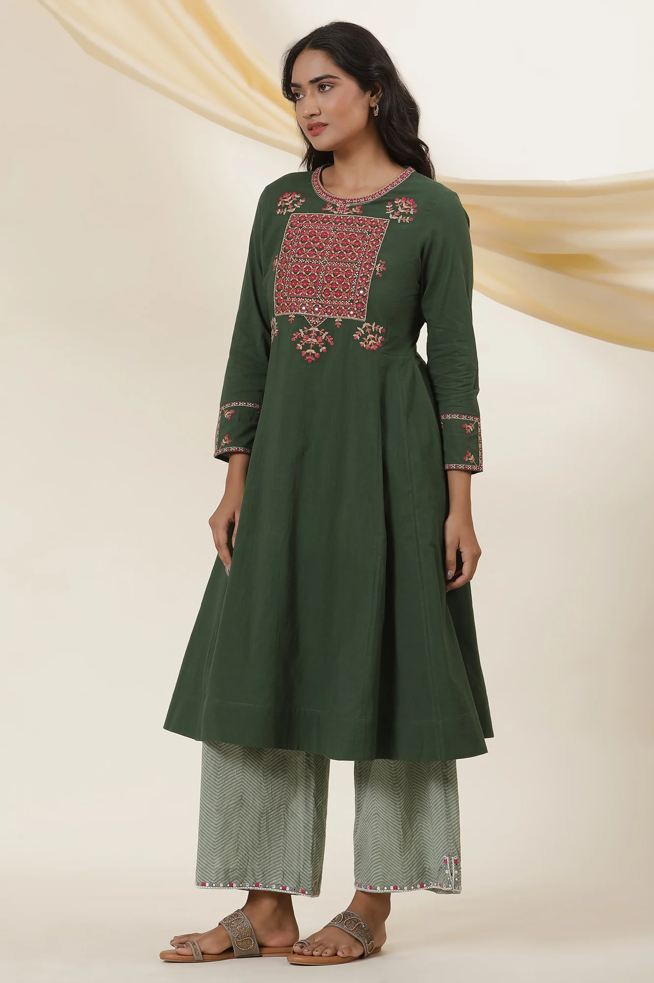 Green Yoke Embroidery Flared Kurta In Cotton Voile - Image 3