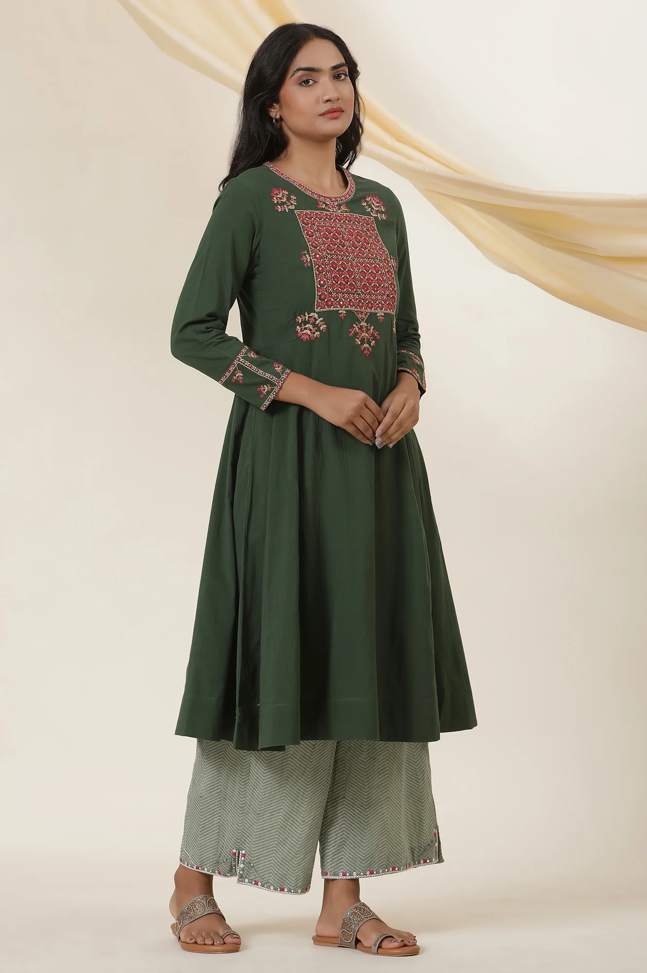 Green Yoke Embroidery Flared Kurta In Cotton Voile - Image 5