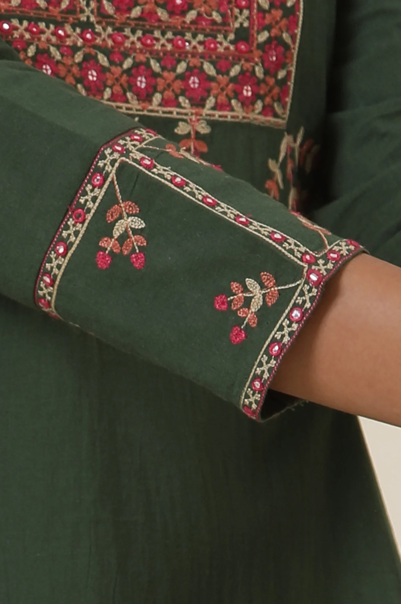 Green Yoke Embroidery Flared Kurta In Cotton Voile - Image 8