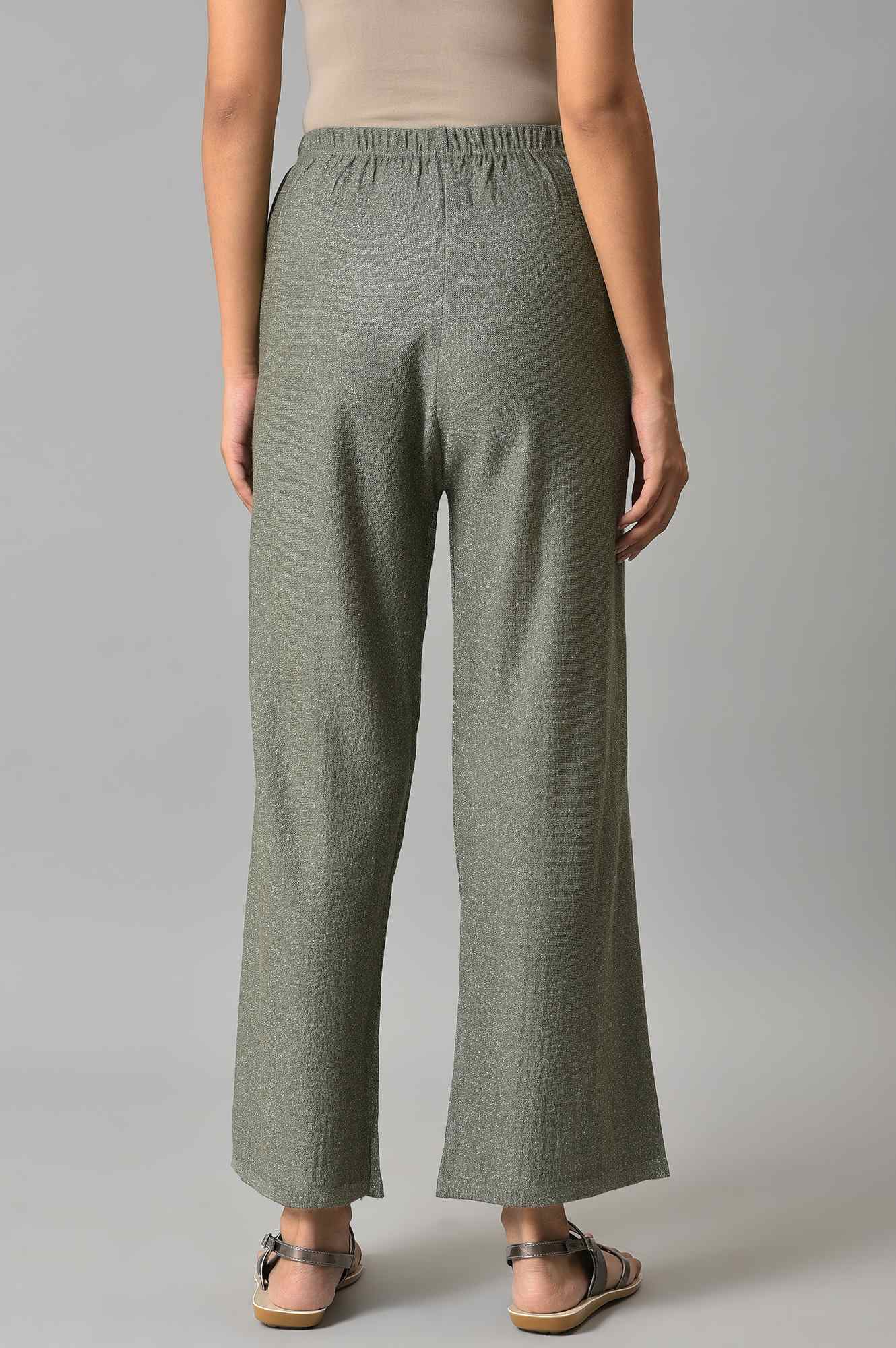 Muted Sage Green Solid Boot Cut Acrylic Palazzo With Elasticated Waist - Image 2