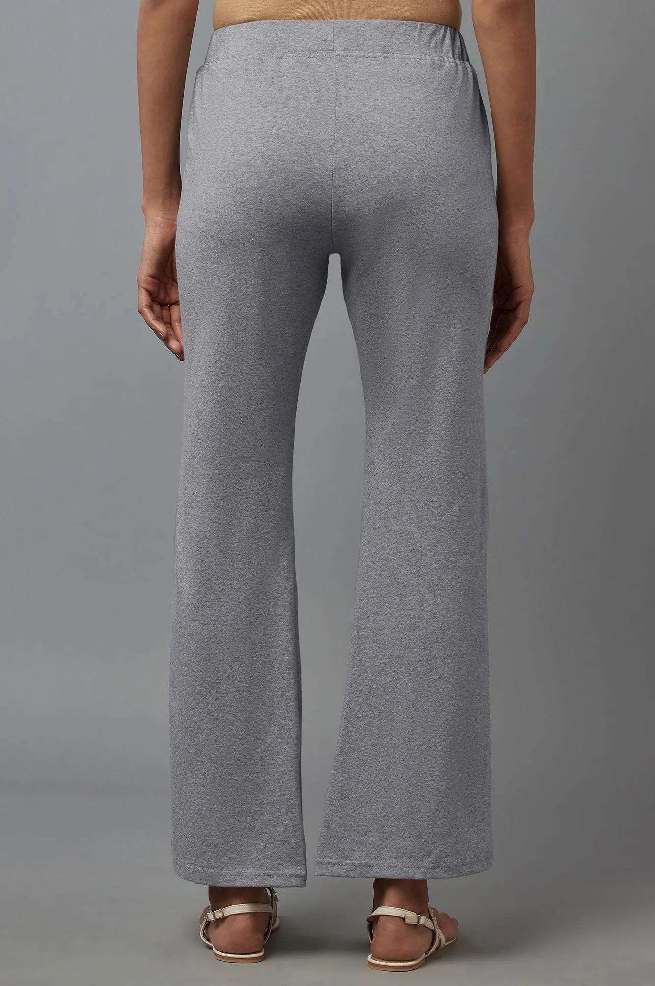 Grey Solid Flared Cotton Pants With Slip On Closure - Image 3
