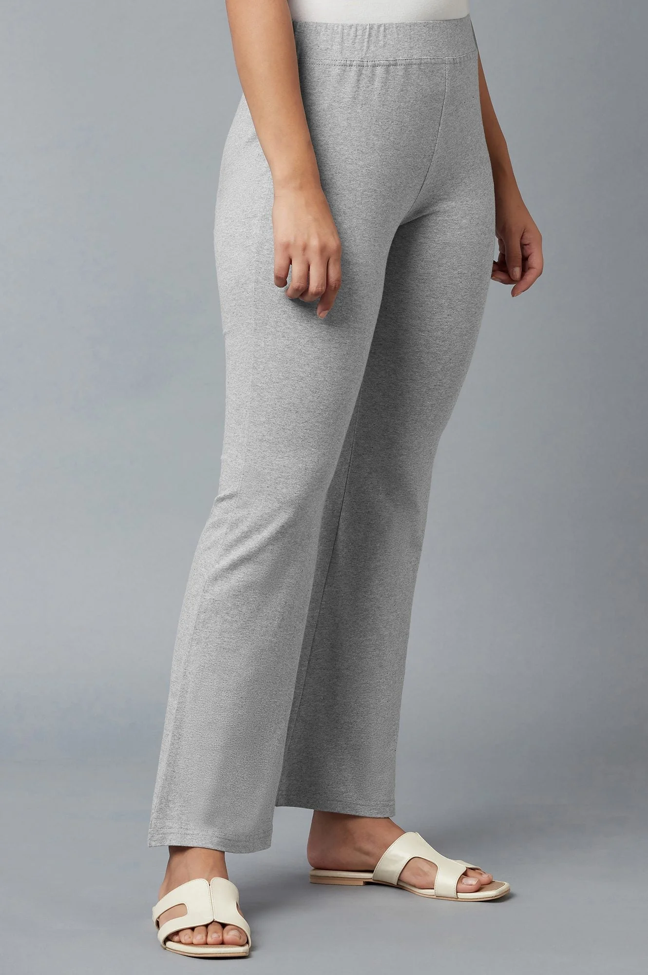Grey Solid Flared Cotton Pants With Slip On Closure - Image 8