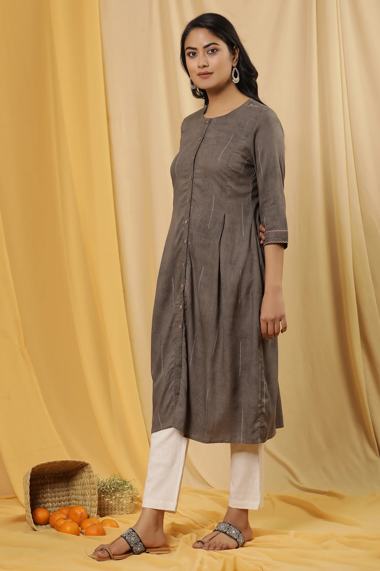 Grey Button Down Kurta And Pants Set - Image 3