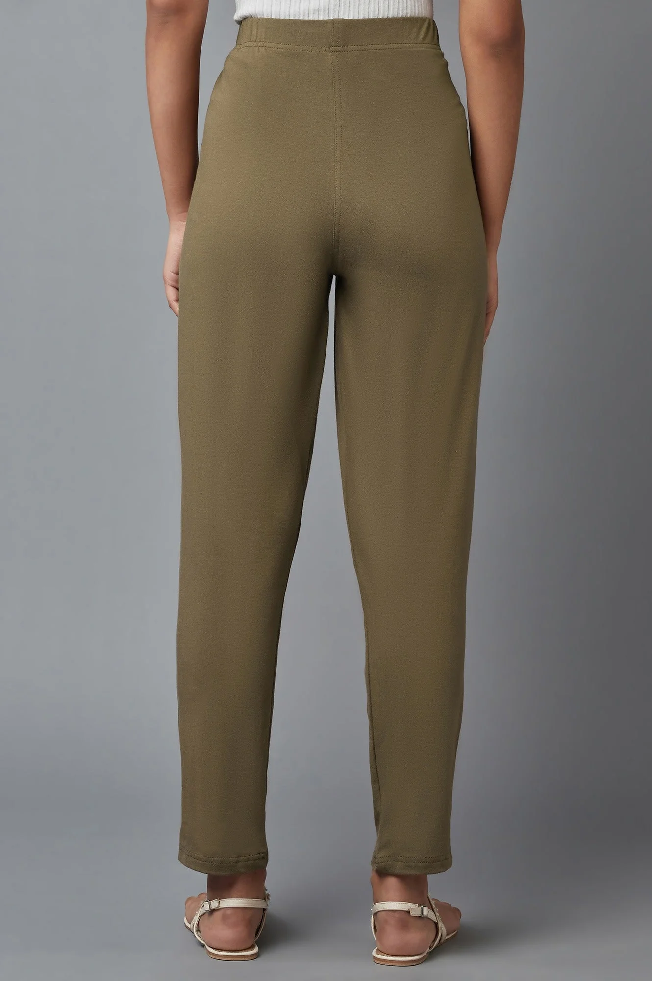 Olive Solid Straight-fit Cotton Pants with Elasticated Waist - Image 2