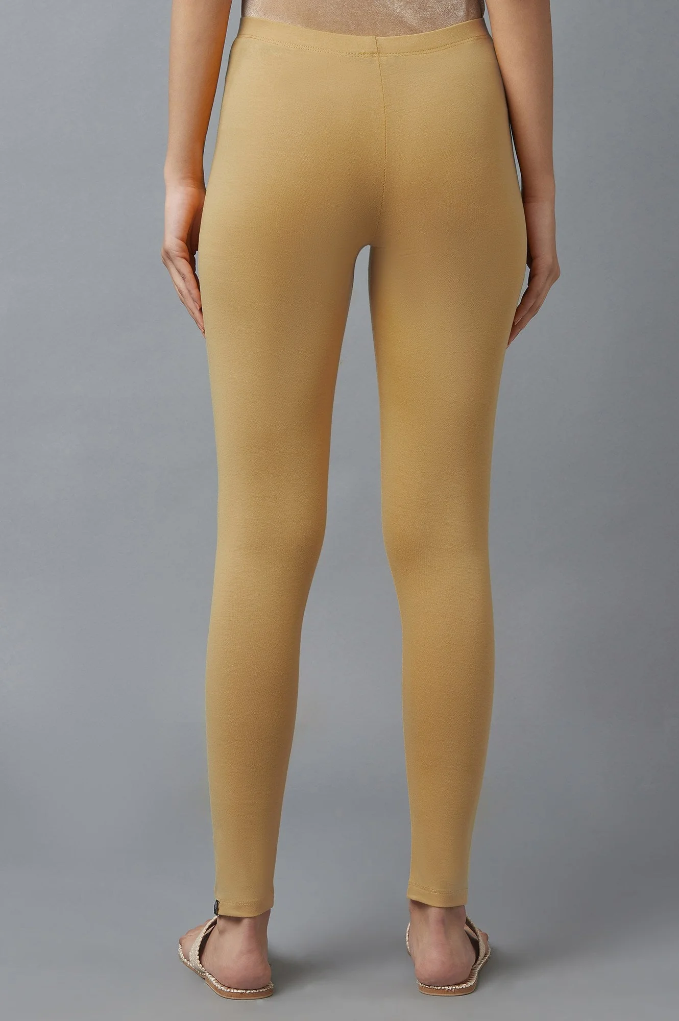 Beige Solid Skinny Fit Cotton Tights With Elasticated Waist - Image 2