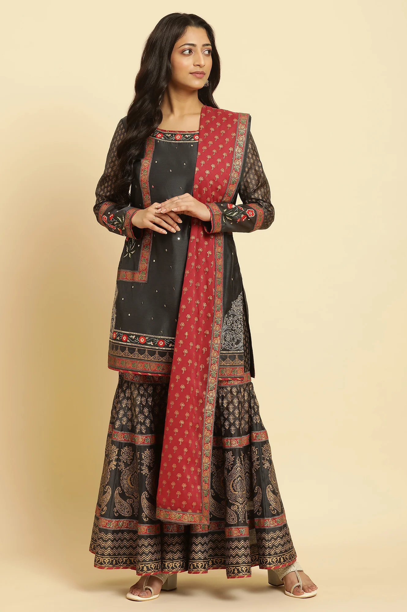 Grey Embroidered Short Kurta, Sharara And Dupatta - Image 2