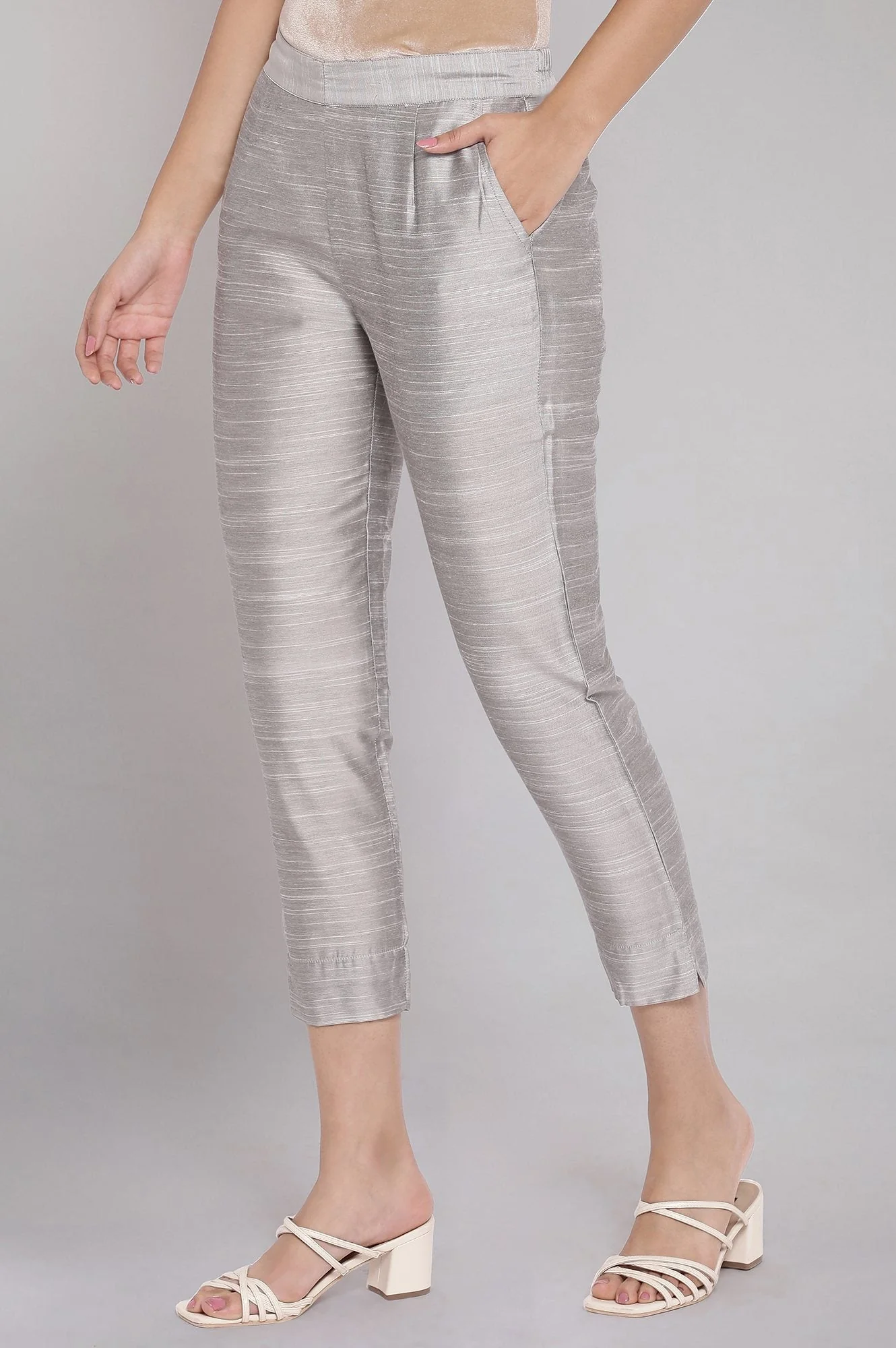 Grey Solid Straight Fit Woven Pants With Elasticated Waist - Image 3