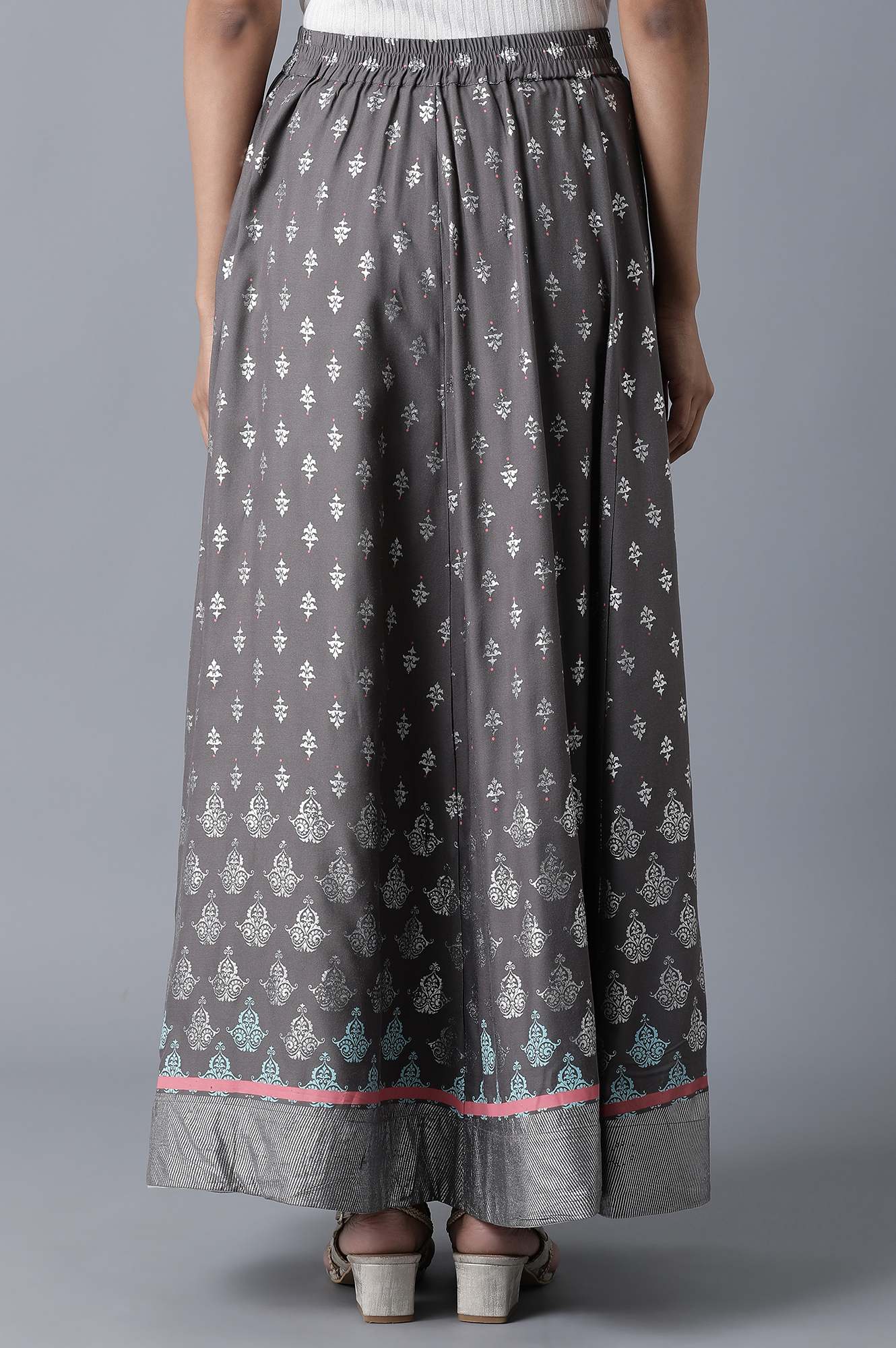 Grey Floral Printed Flared Woven Skirt With Elasticated Waist - Image 2