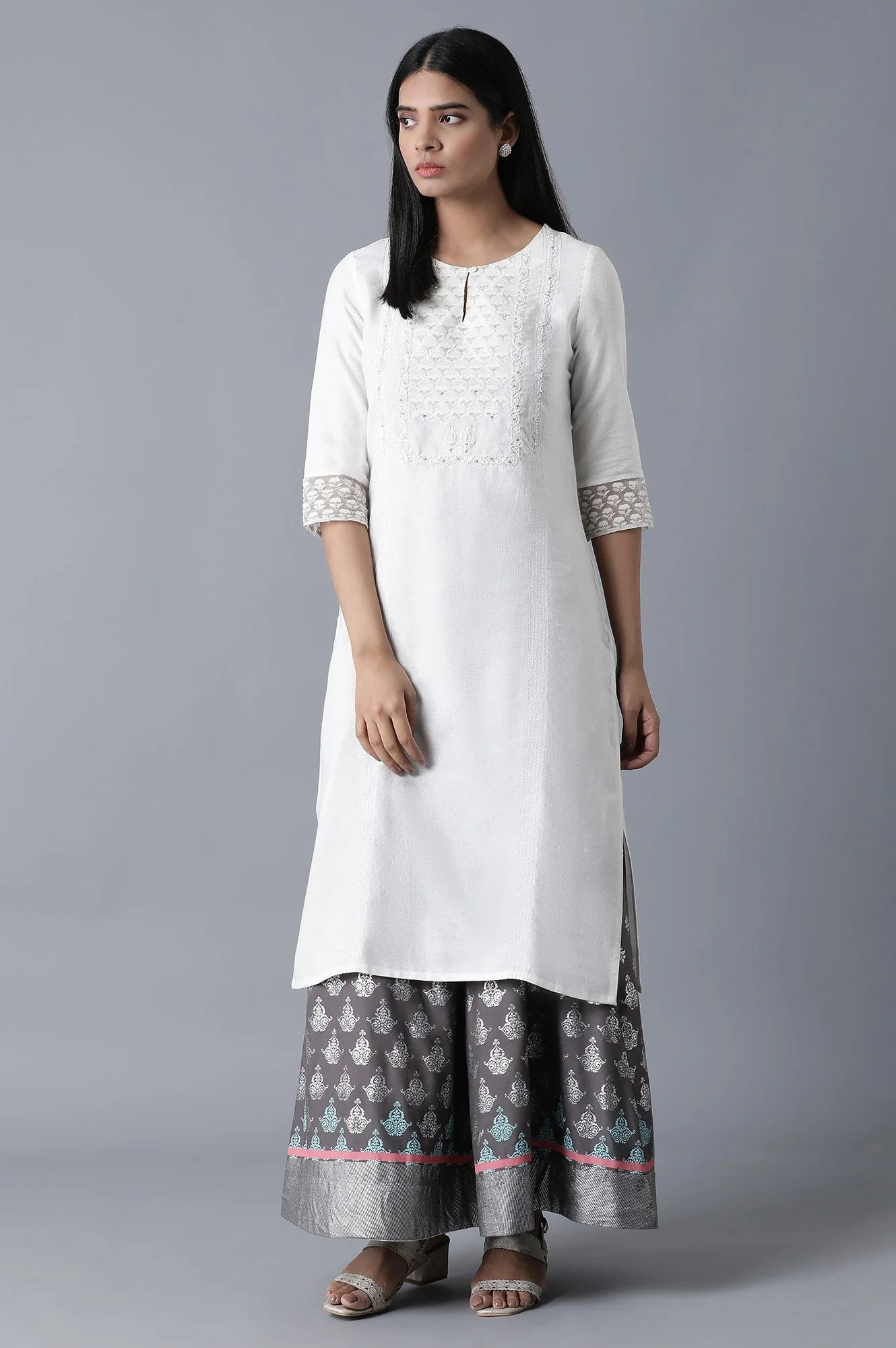 Grey Floral Printed Flared Woven Skirt With Elasticated Waist - Image 5