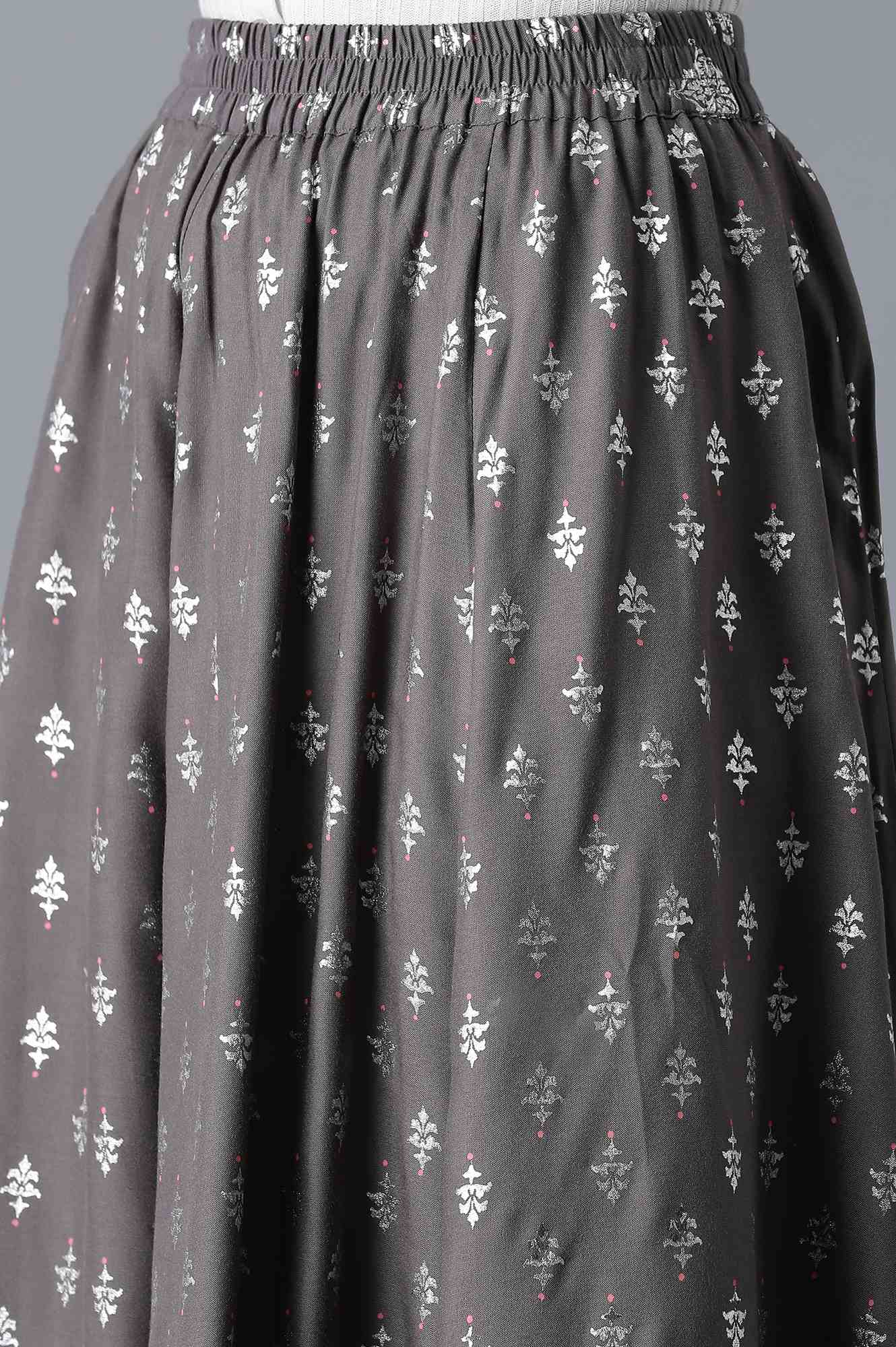 Grey Floral Printed Flared Woven Skirt With Elasticated Waist - Image 6