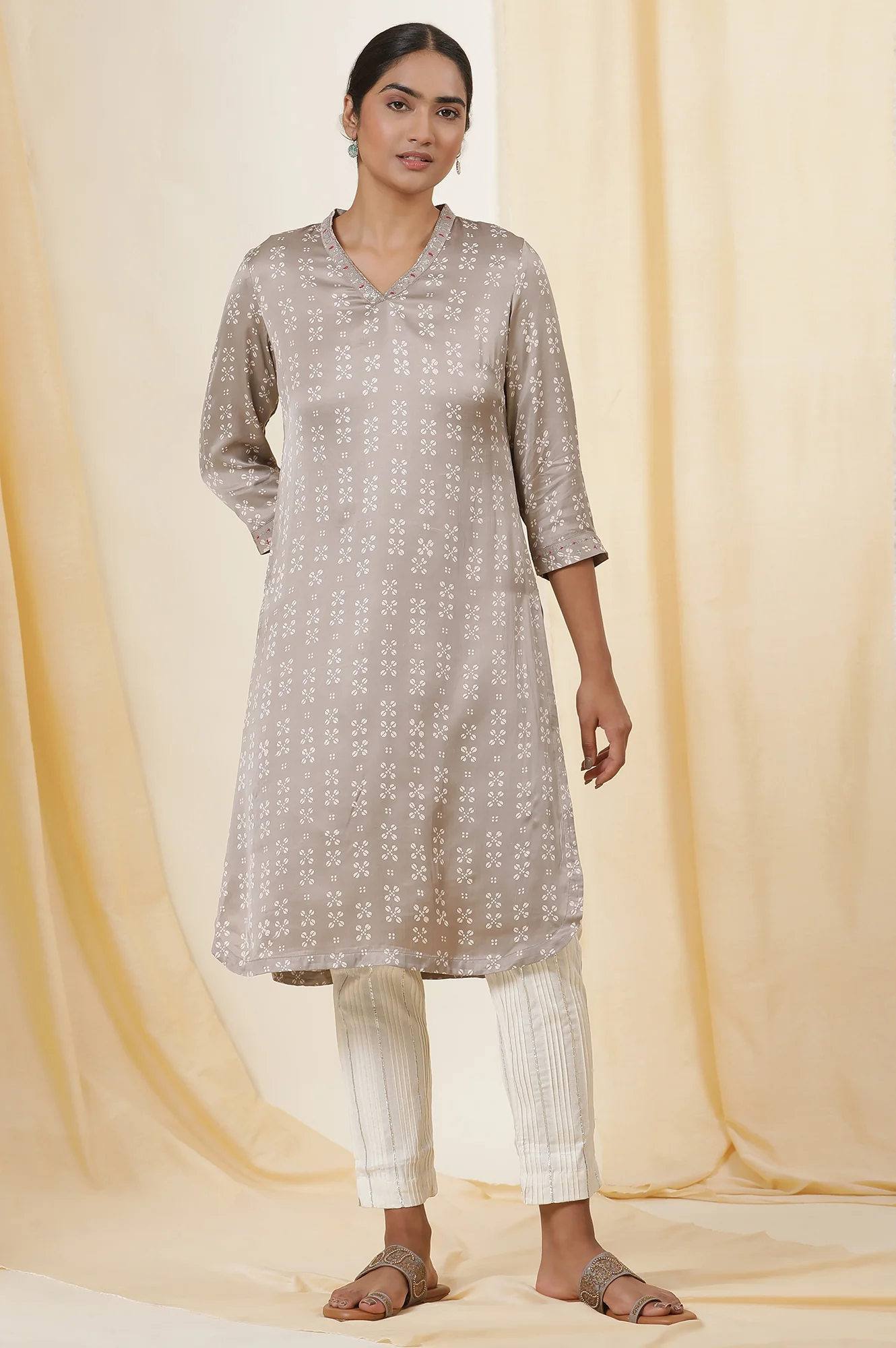 Grey Hand Block Printed Modal Satin Kurta - Image 2