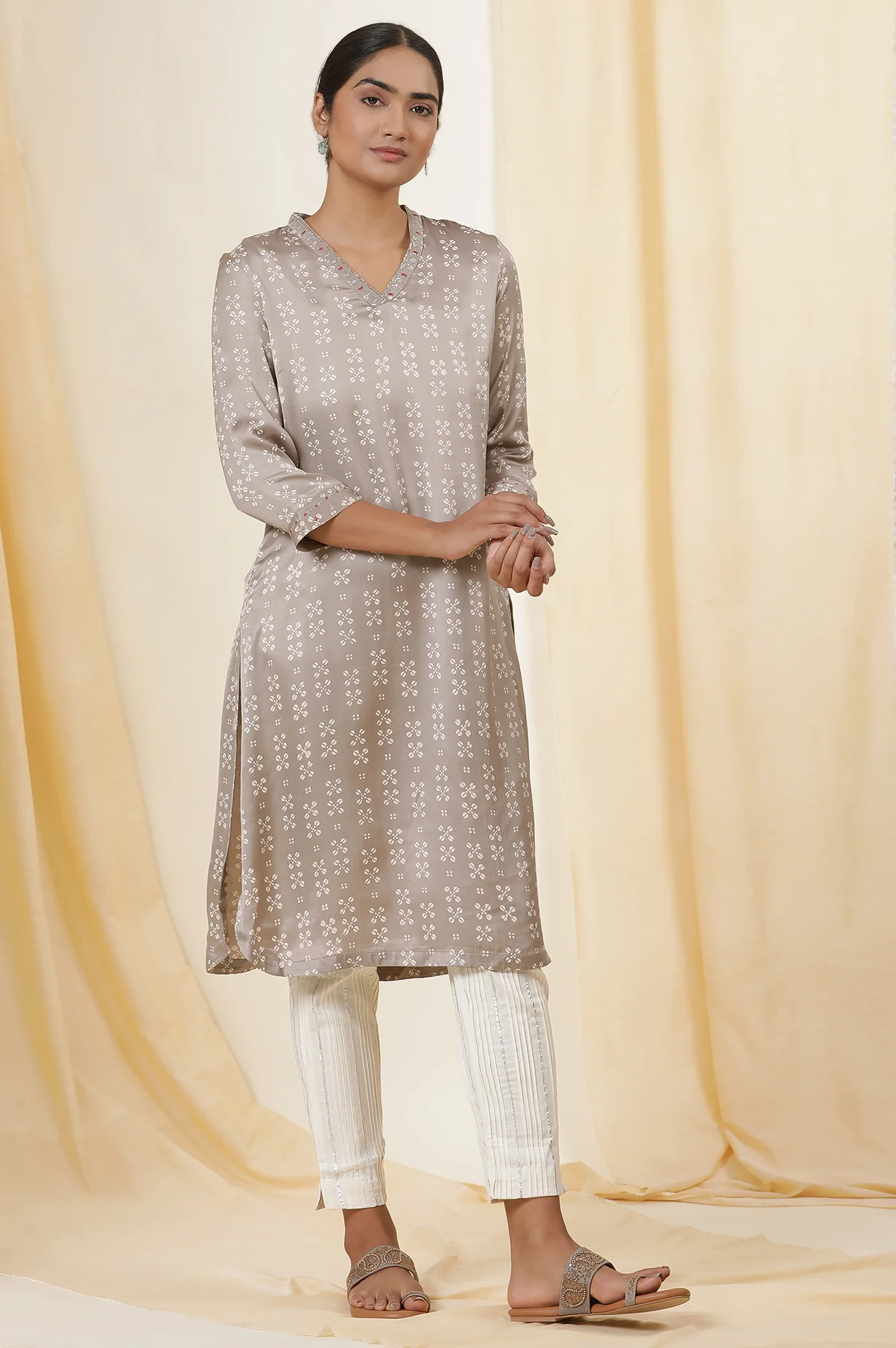Grey Hand Block Printed Modal Satin Kurta - Image 5