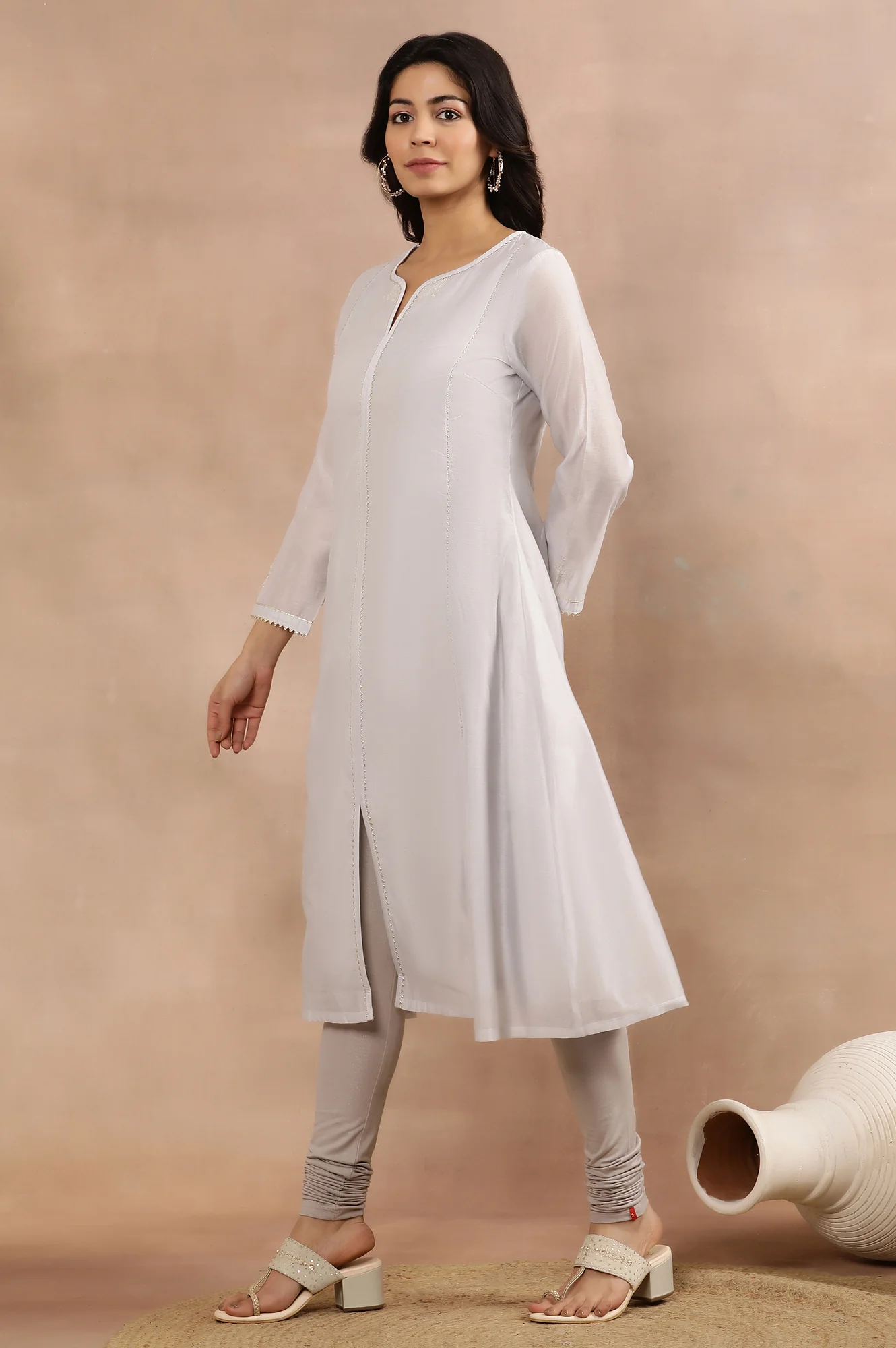Grey Panelled Chanderi Kurta, Churidar And Dupatta Set - Image 3