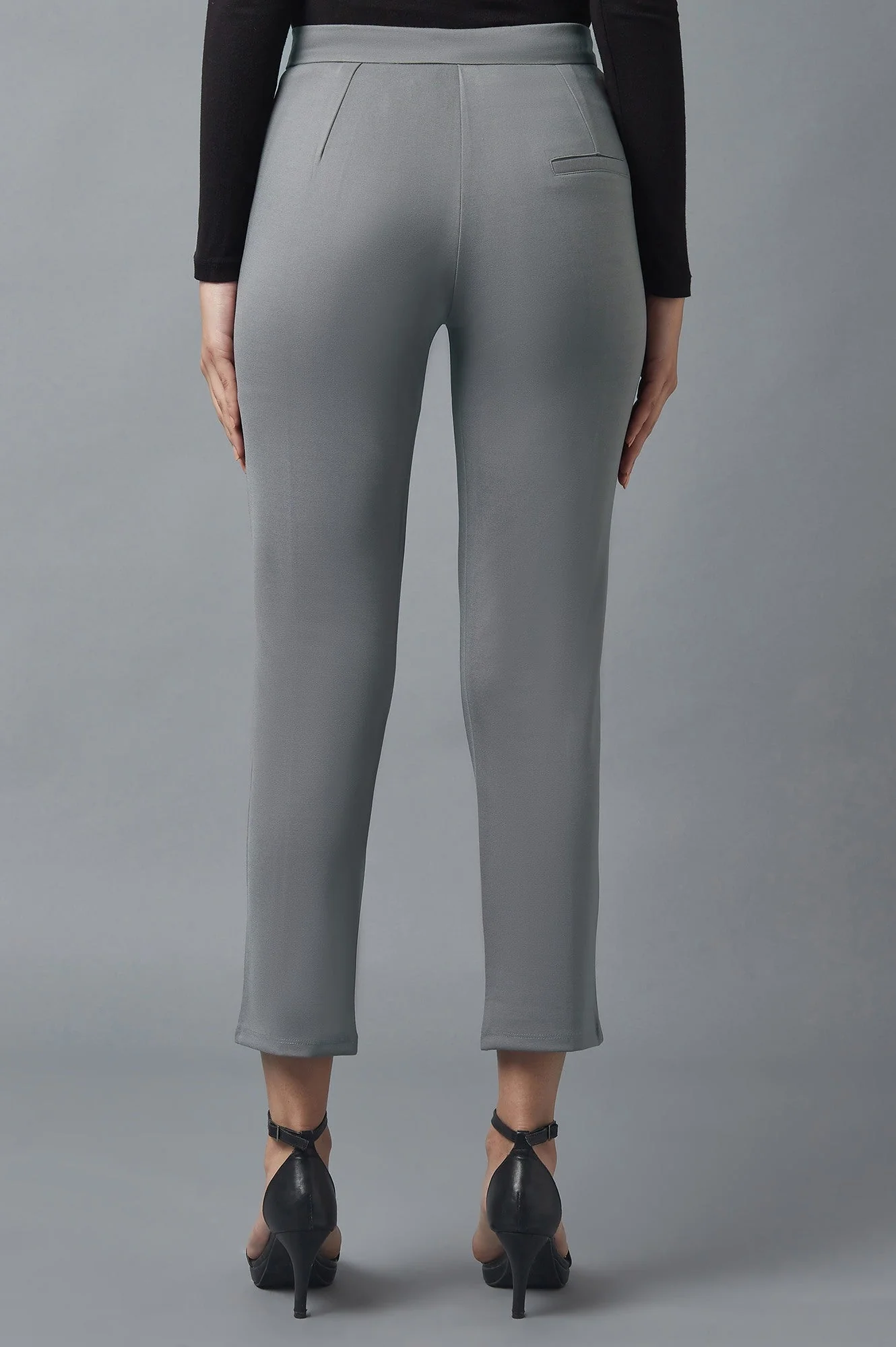 Grey Solid Straight Fit Trousers With Pintuck Detail - Image 2