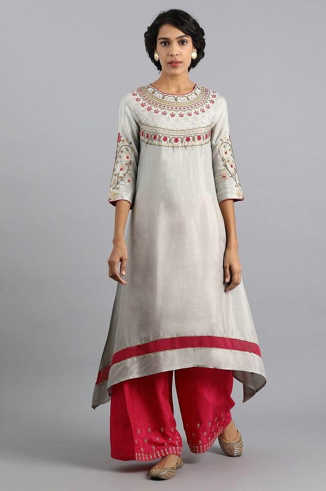 Grey Round Neck Embroidered kurta - Image 2