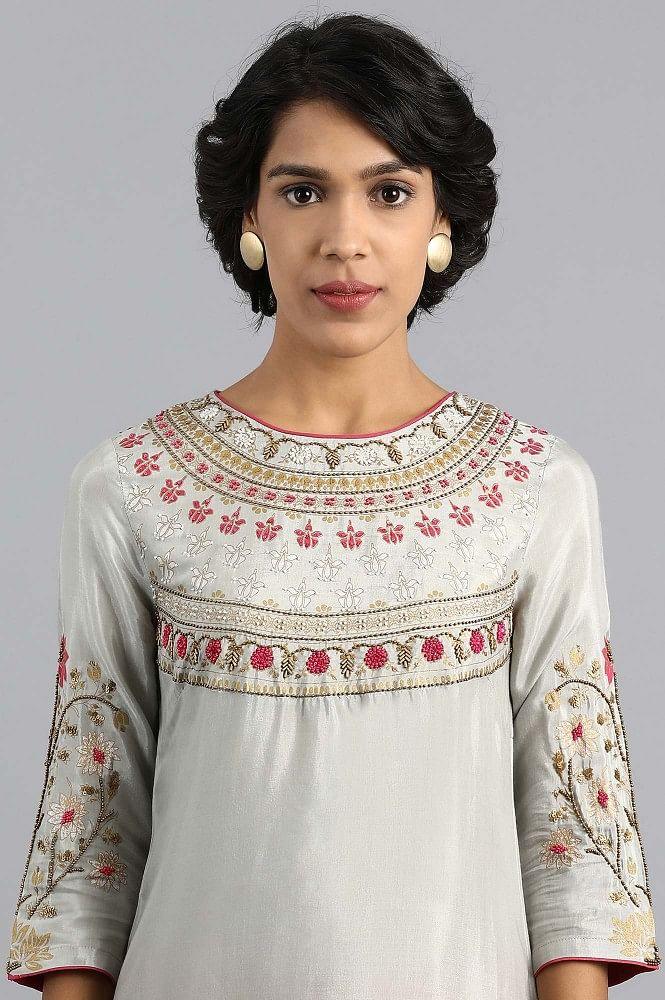 Grey Round Neck Embroidered kurta - Image 6
