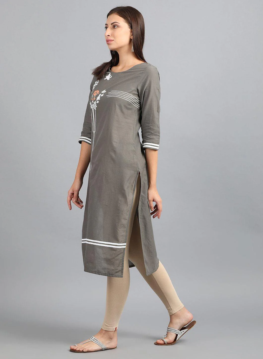 Grey Round Neck Printed kurta - Image 2