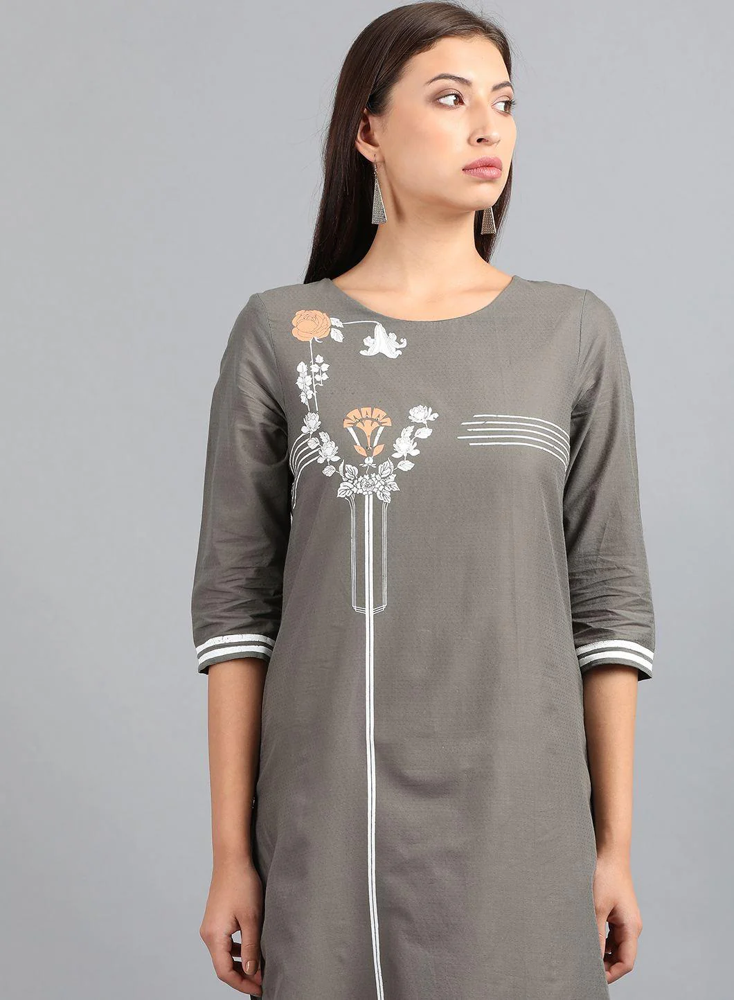 Grey Round Neck Printed kurta - Image 5