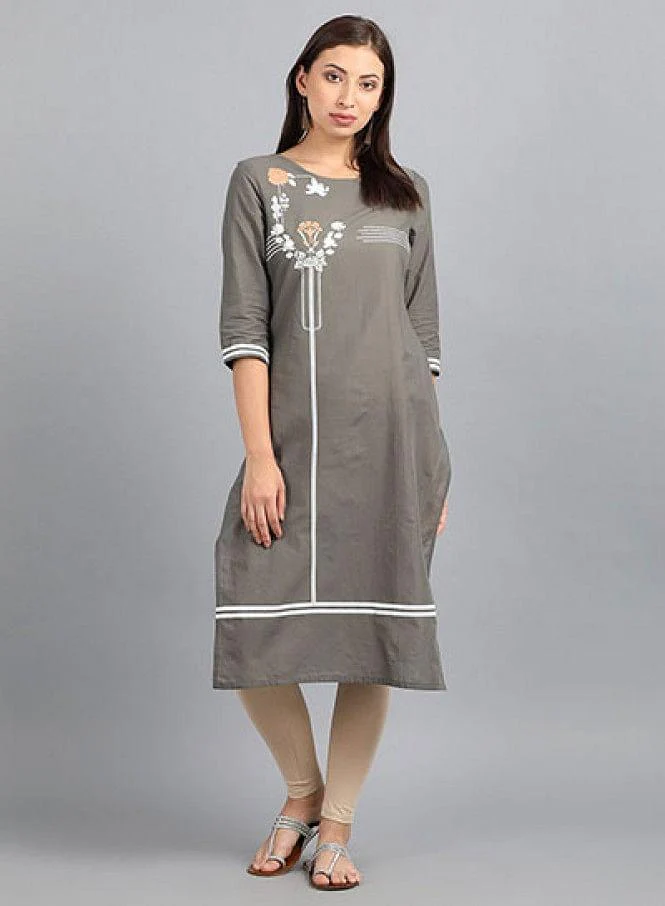 Grey Round Neck Printed kurta - Image 7