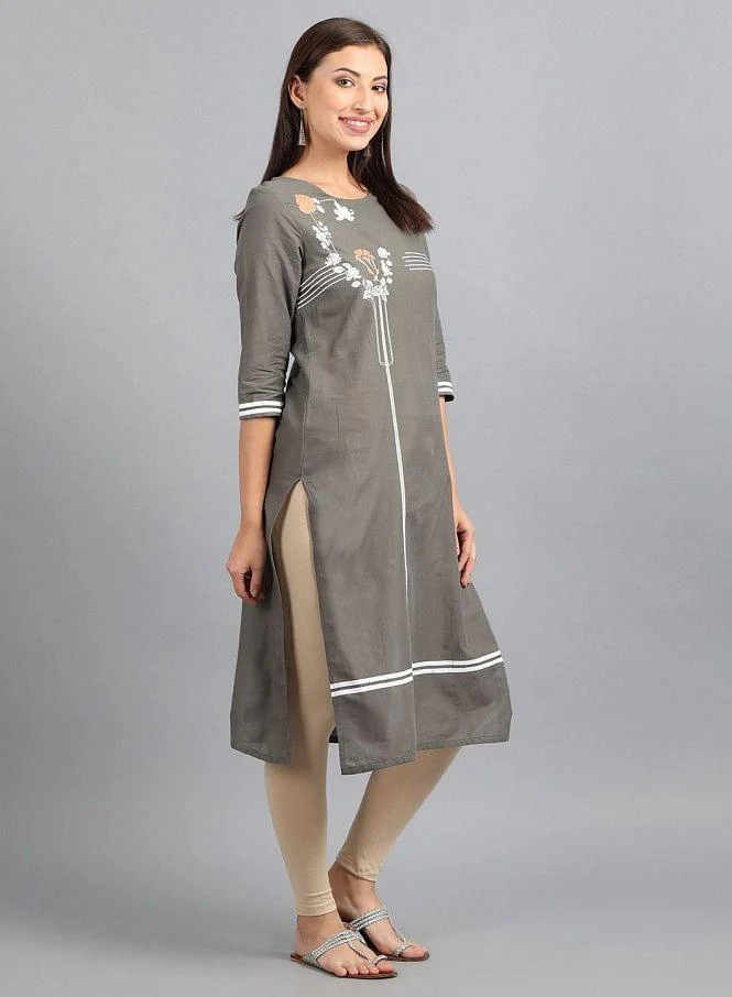 Grey Round Neck Printed kurta - Image 9