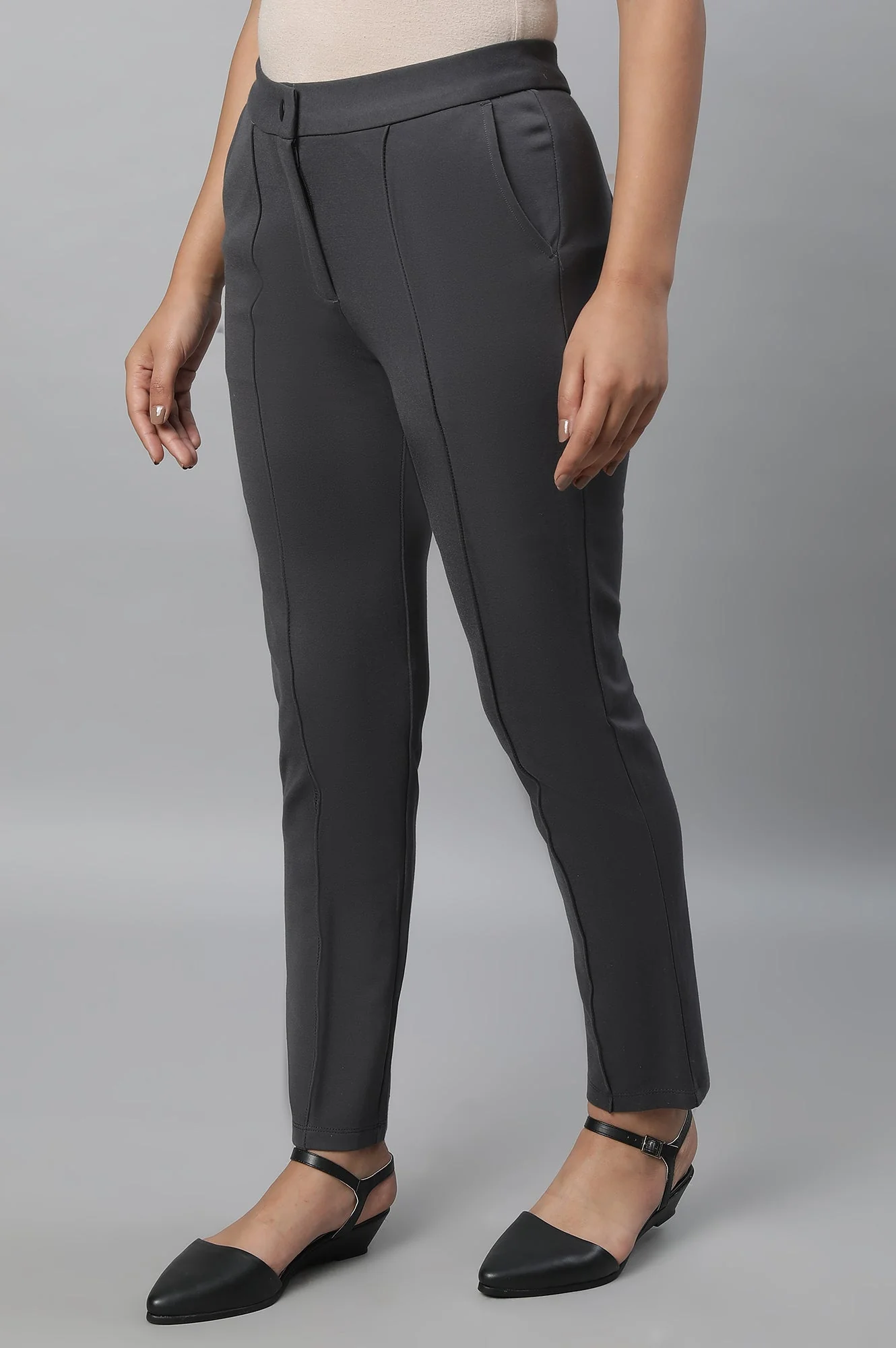 Grey Solid Straight Fit Trousers With Pintuck Detail - Image 3