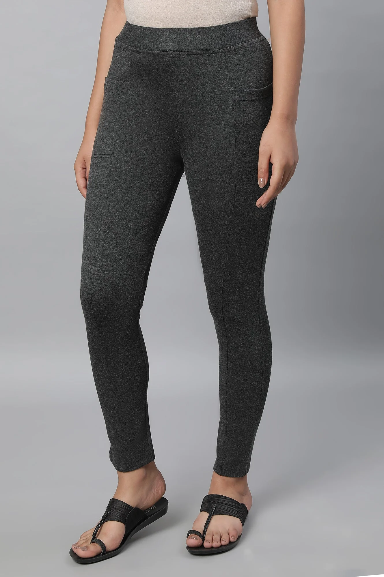 Grey Solid Skinny Fit Tights With Elasticated Waistband - Image 3