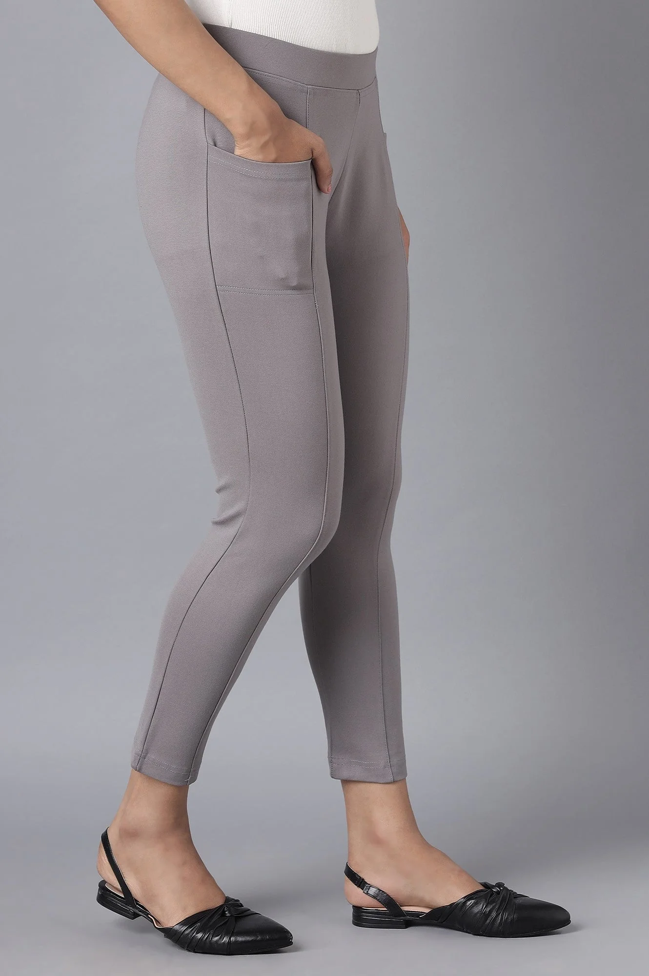 Grey Solid Straight Fit Yoga Tights With Elasticated Waist - Image 4