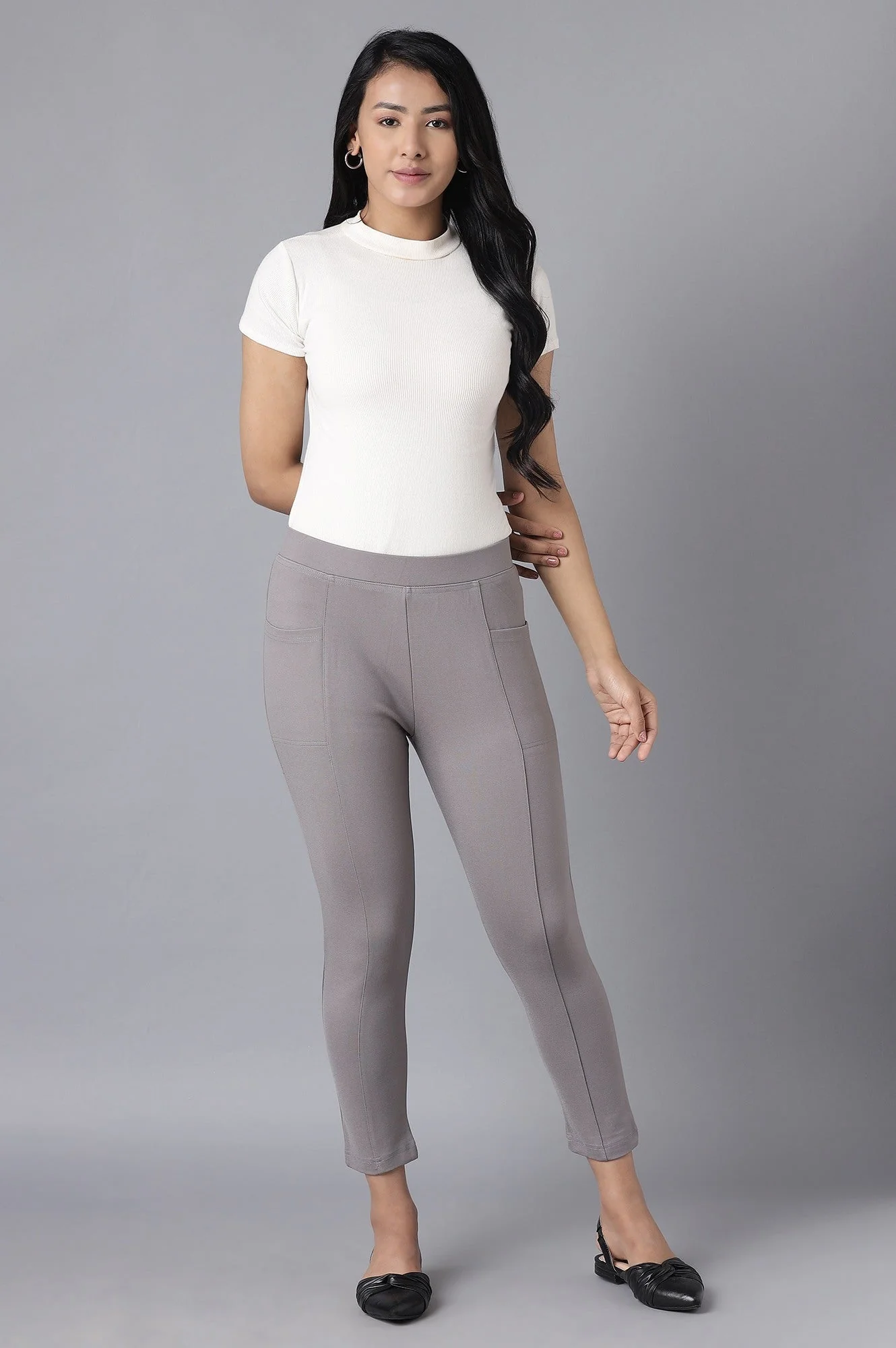 Grey Solid Straight Fit Yoga Tights With Elasticated Waist - Image 5