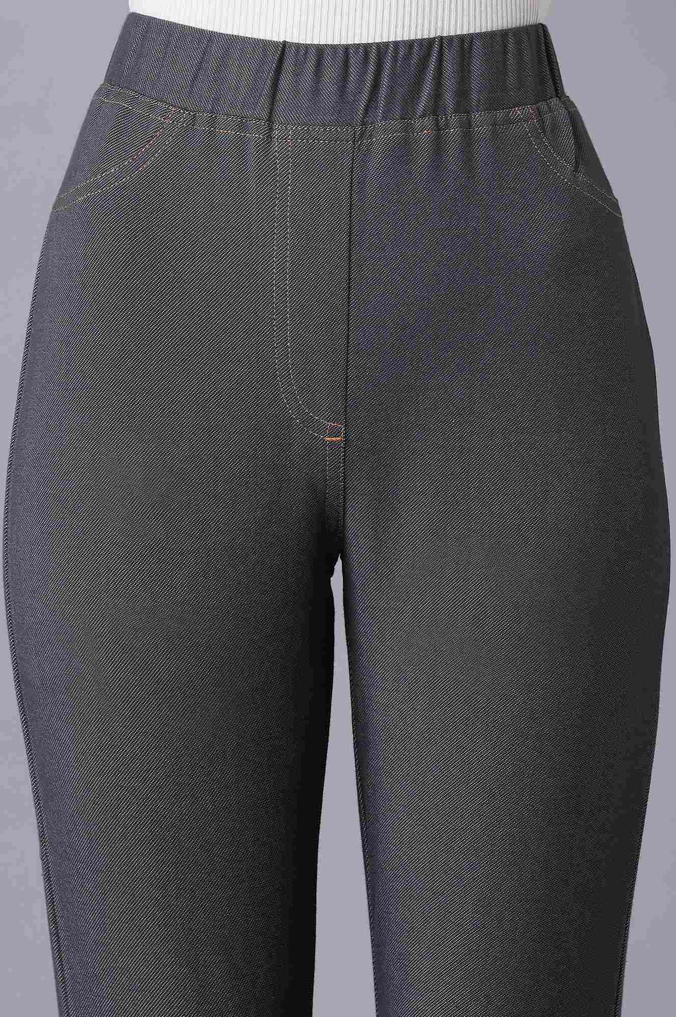 Grey Solid Skinny Fit Cotton Jeggings With Elasticated Waist - Image 6