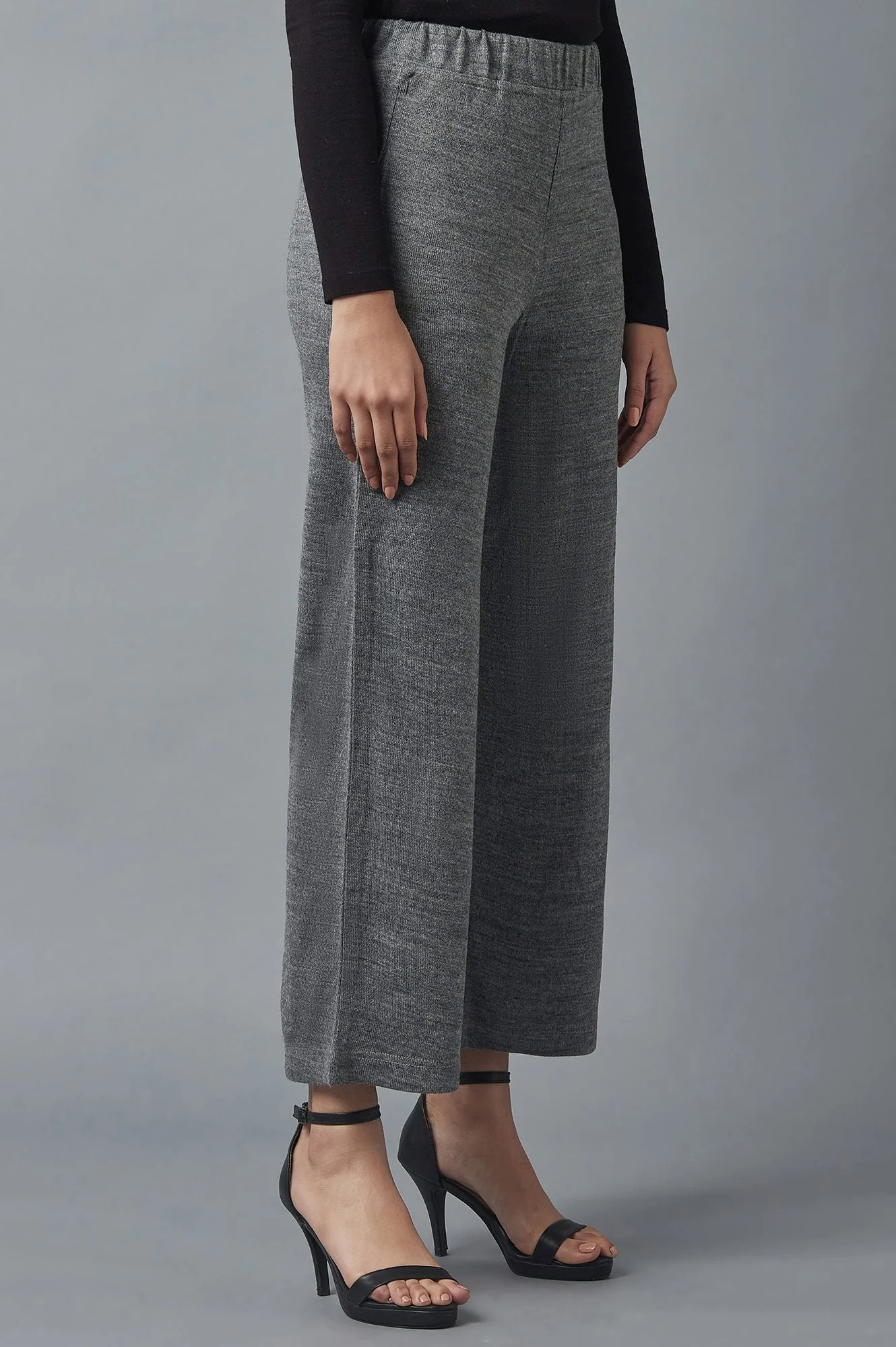 Grey Solid Straight Fit Acrylic Palazzo With Elasticated Waist - Image 4