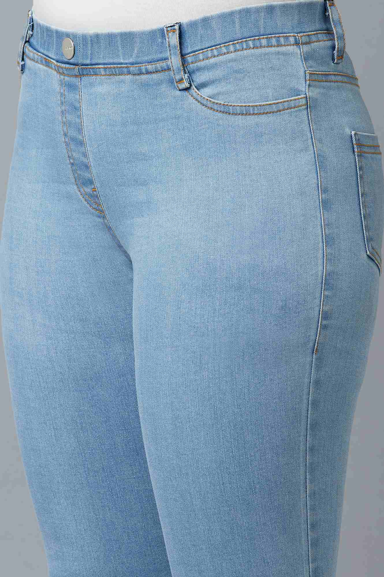 Ice Blue Solid Skinny-fit Denim Jeggings with Elasticated Waist - Image 6