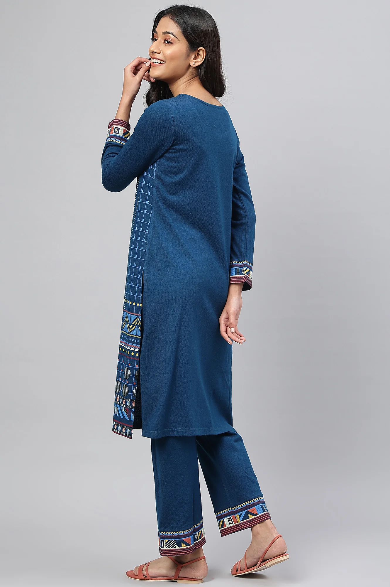 Indigo Ajrakh Print kurta In Lustrous Satin - Image 5