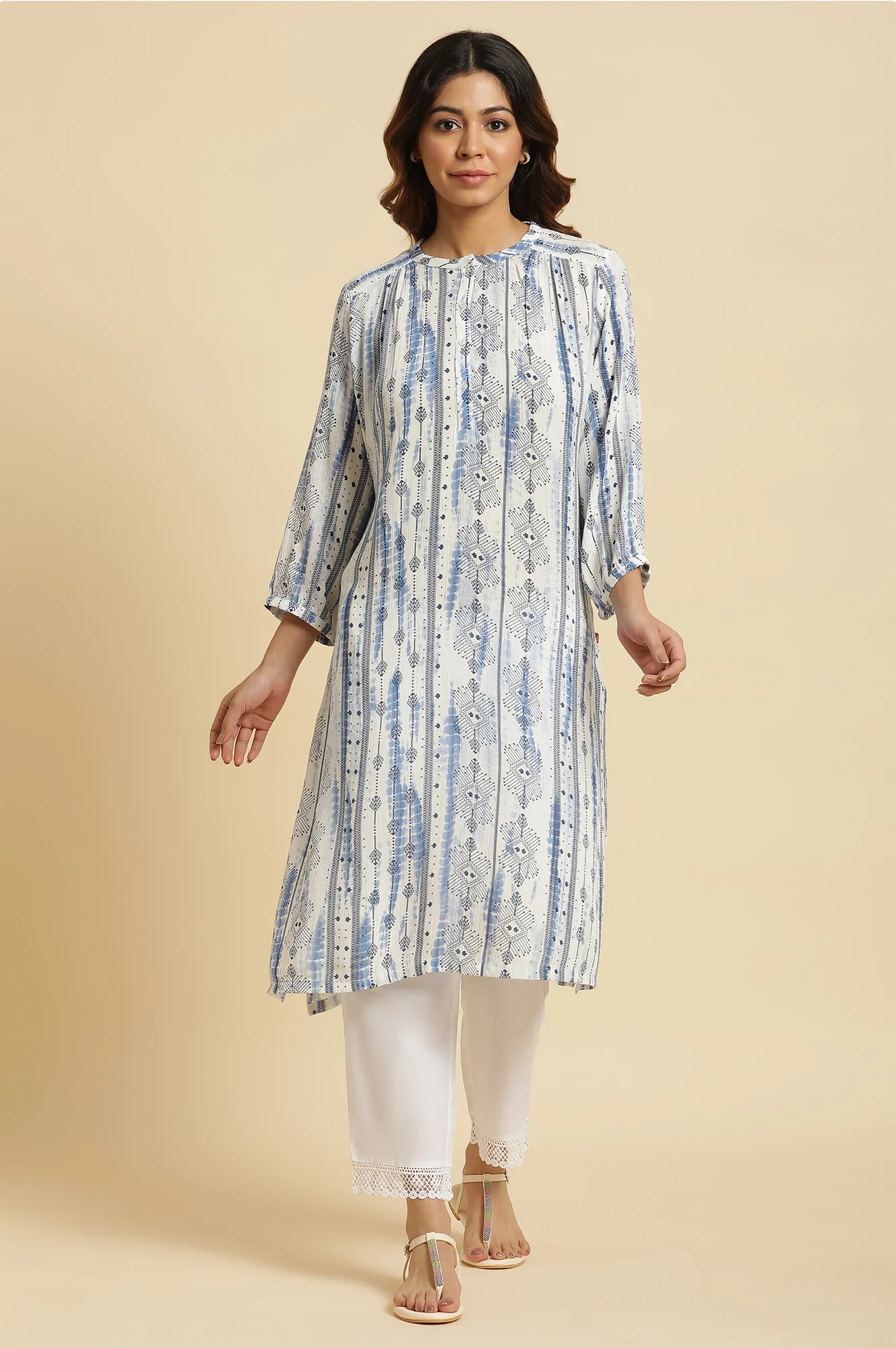 White and Blue Abstract Printed Mandarin Collar Straight Kurta - Image 3