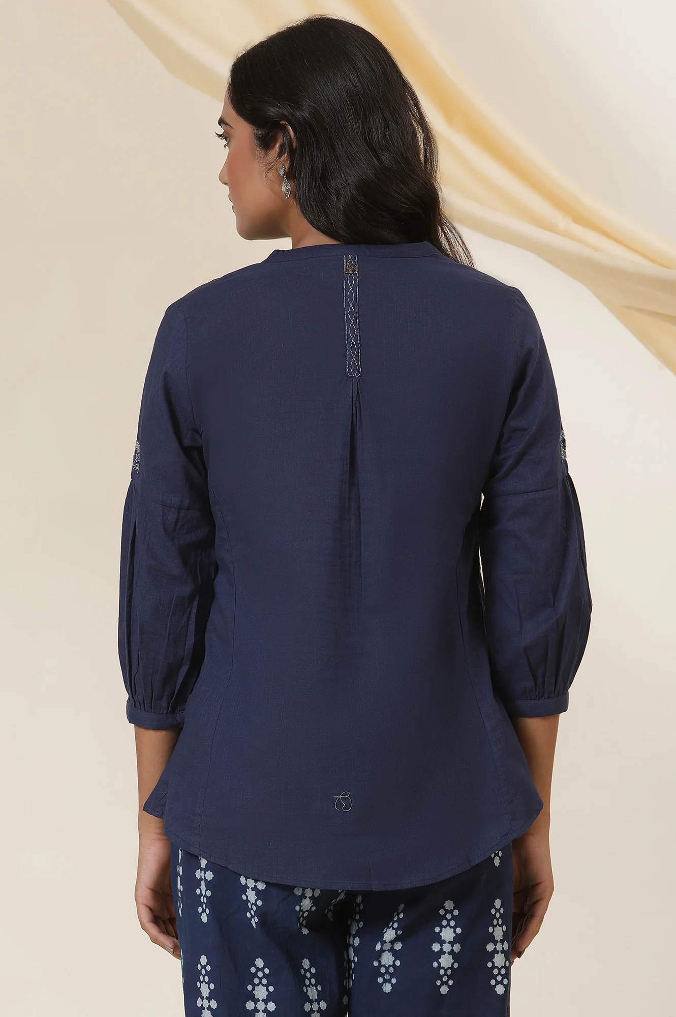 Indigo Blue Embroidered Cotton Slub Top - Image 3