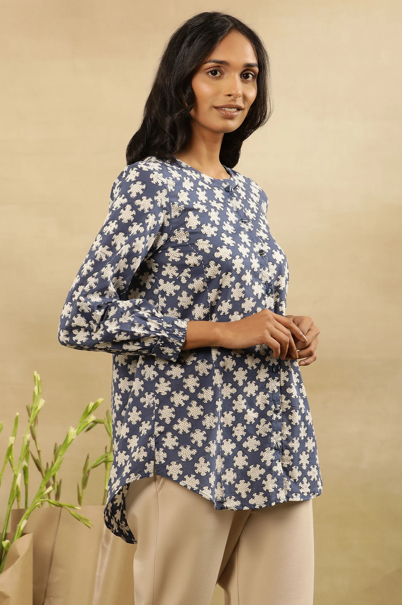 Indigo Dabu Block Printed Top With Mandarin Collar - Image 4