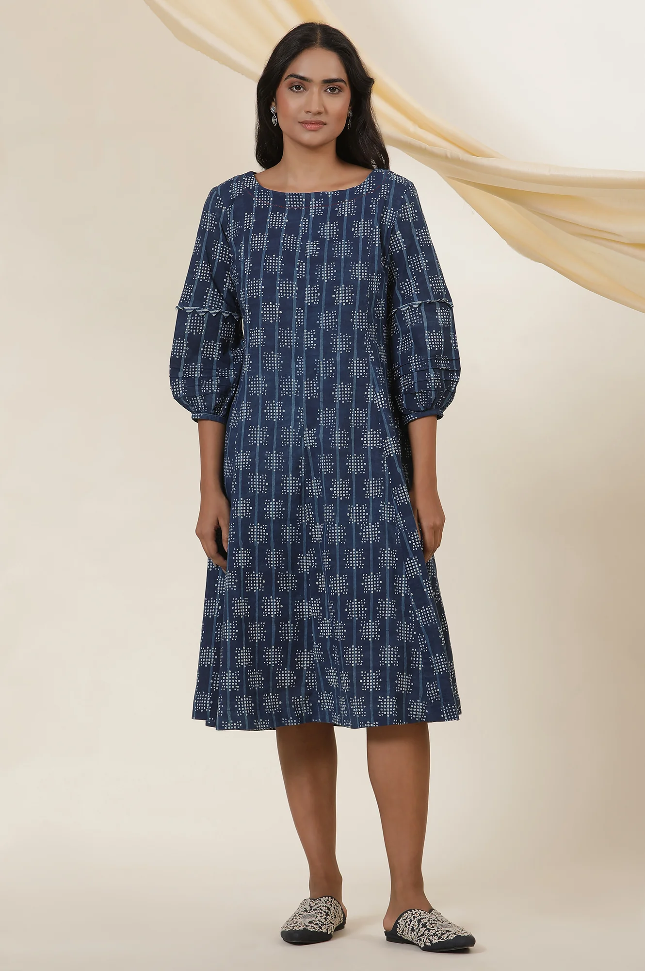 Indigo Dot Print Round Neck Flared Dress - Image 2