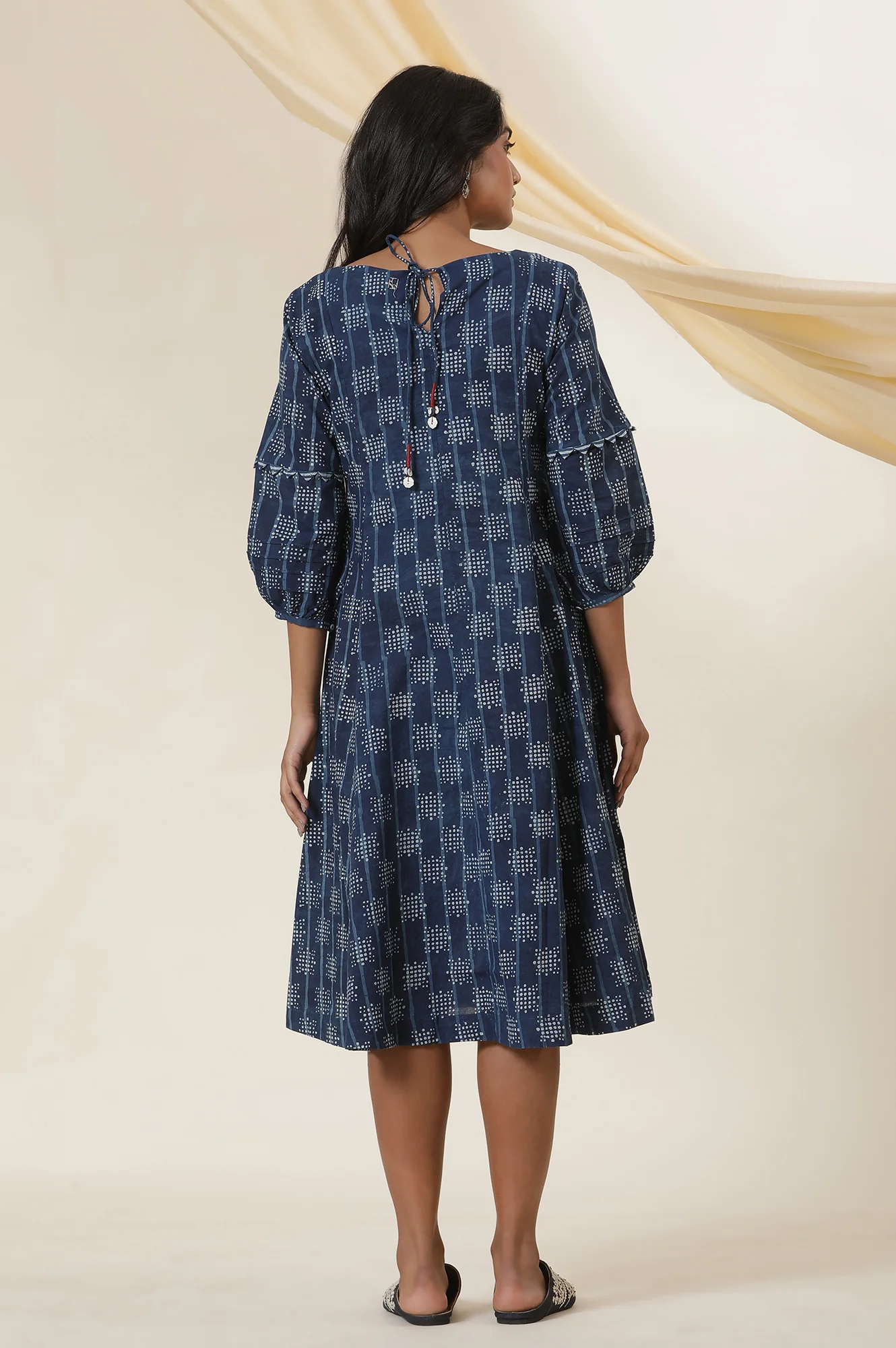 Indigo Dot Print Round Neck Flared Dress - Image 4