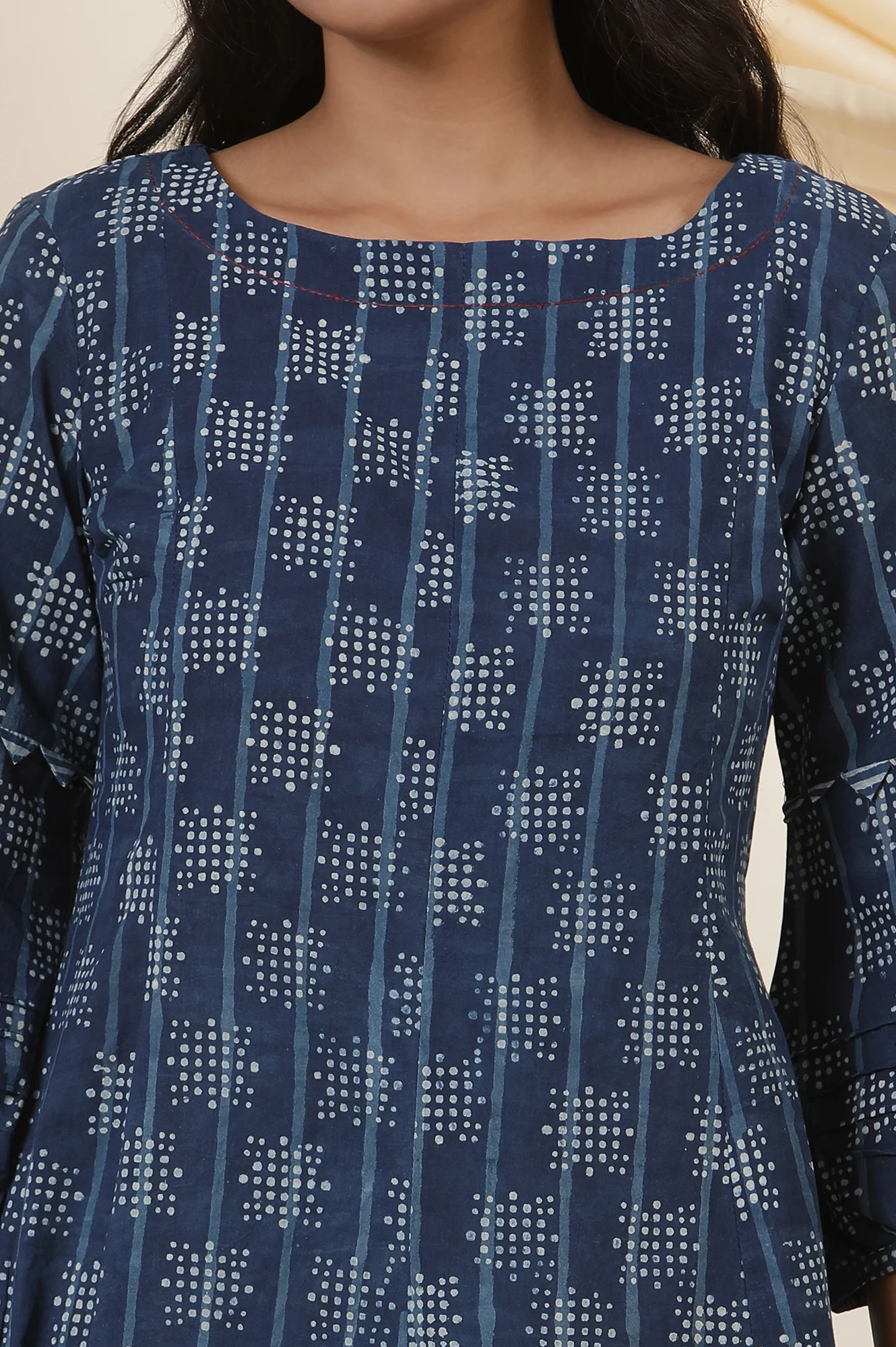 Indigo Dot Print Round Neck Flared Dress - Image 6