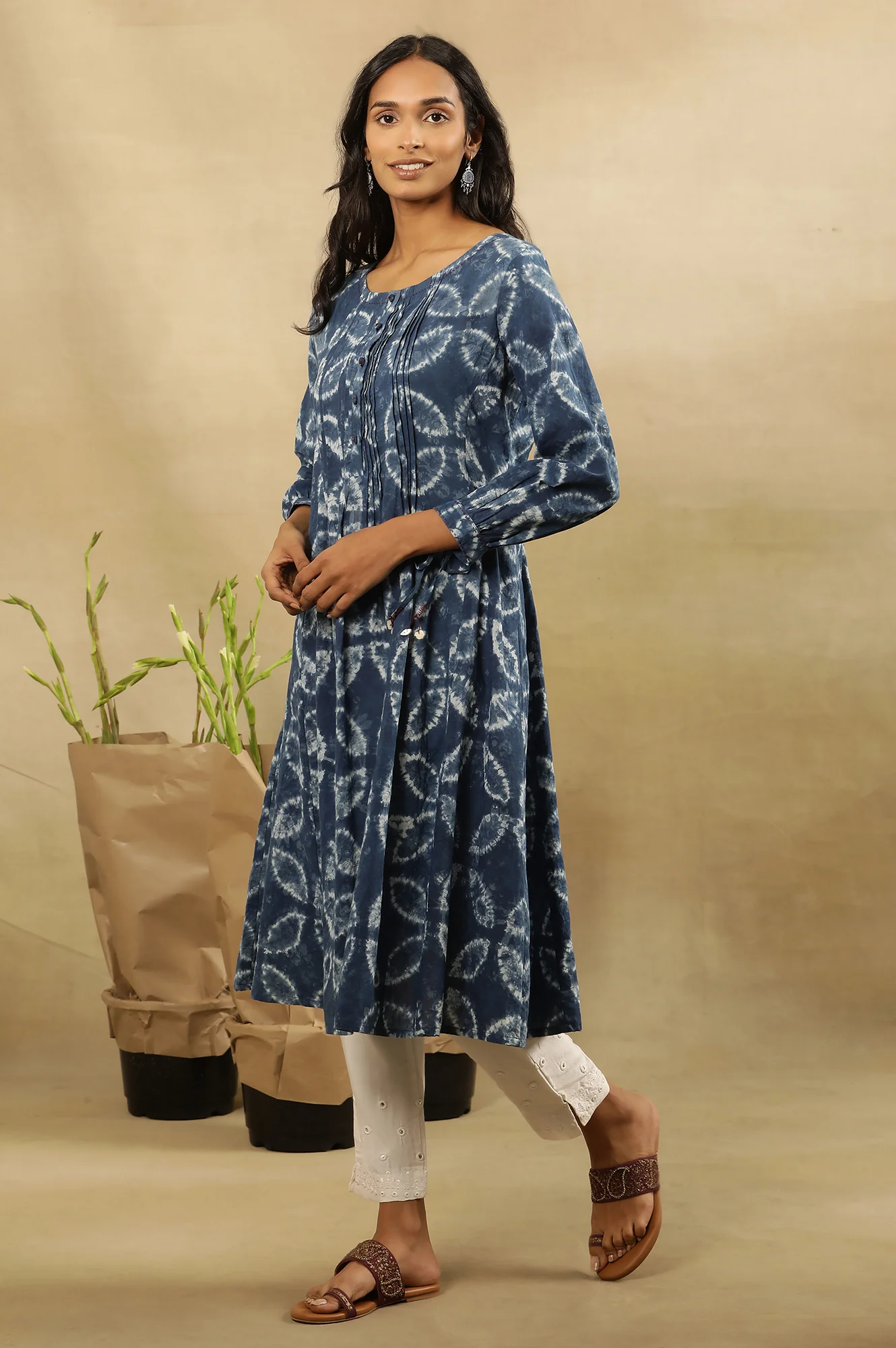 Indigo Shibori Pleated Flared Dress In Cotton Voile - Image 3